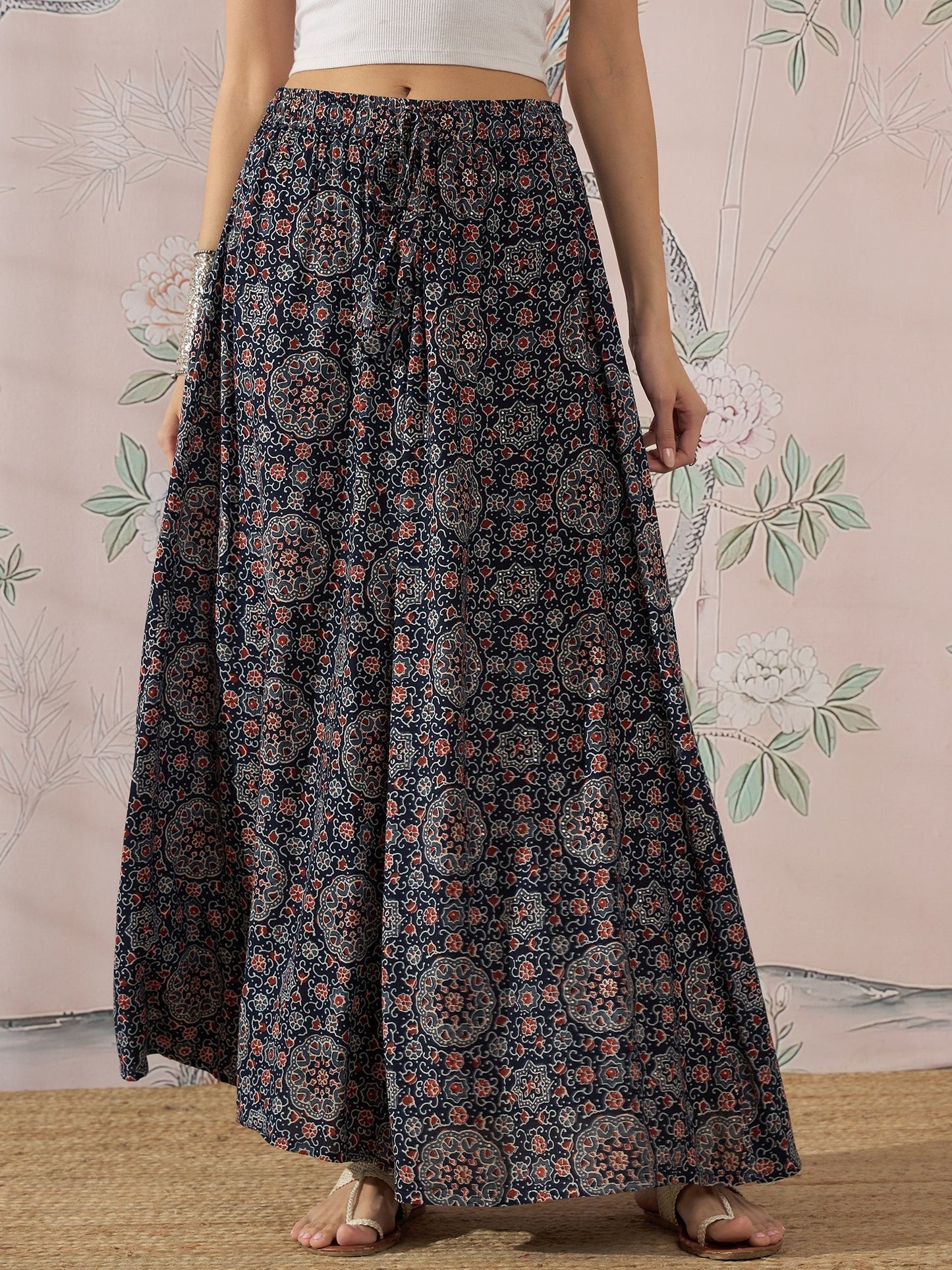 InWeave Navy Maroon Ajrakh Fr Skirt - Swadesiicart