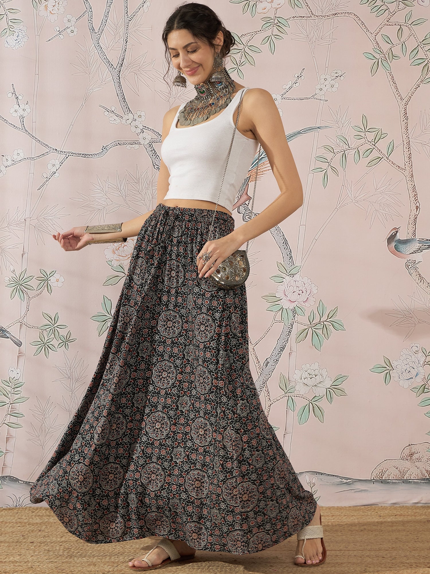 InWeave Black Maroon Ajrakh Fr Skirt - Swadesiicart