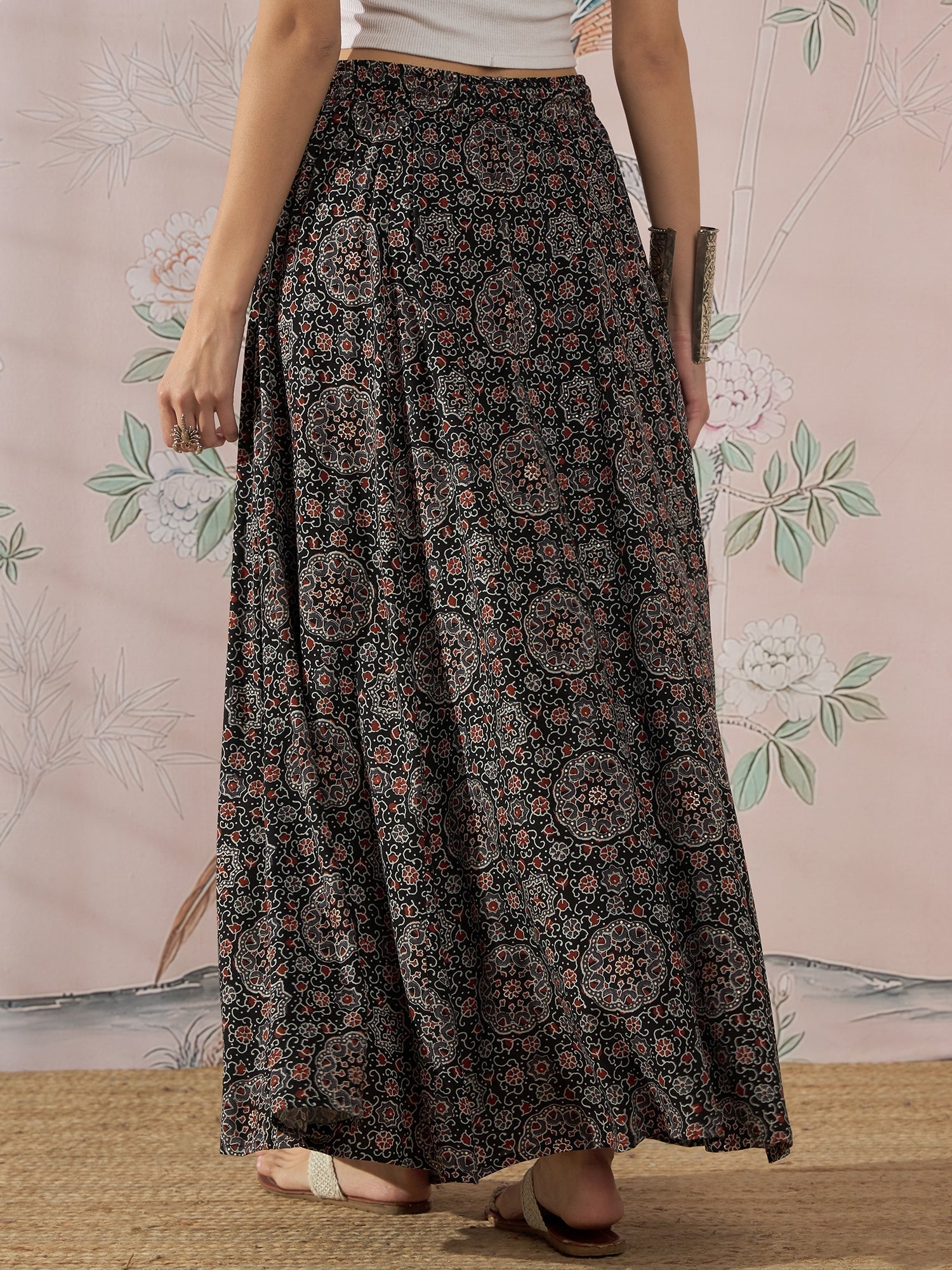 InWeave Black Maroon Ajrakh Fr Skirt - Swadesiicart