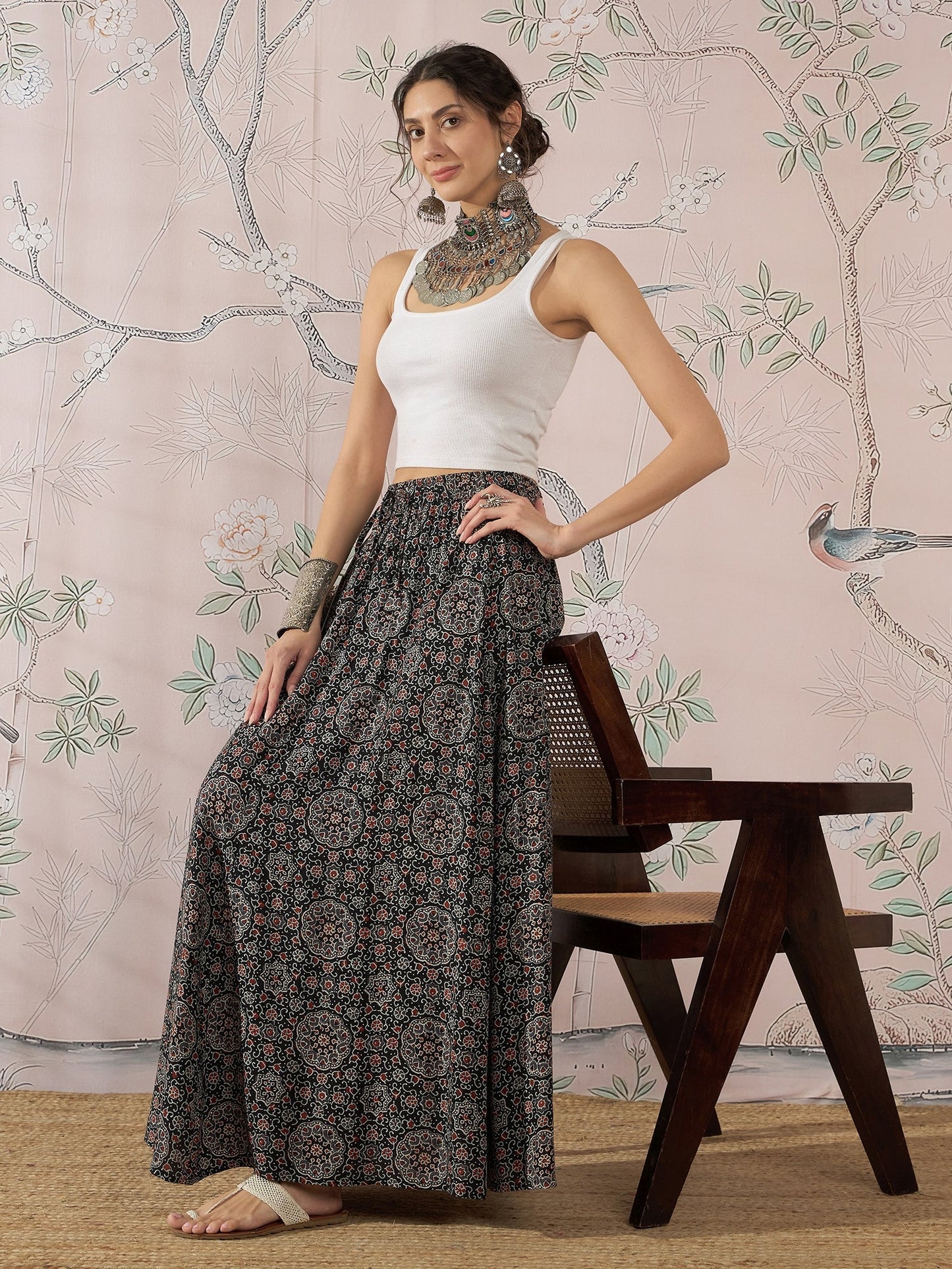InWeave Black Maroon Ajrakh Fr Skirt - Swadesiicart