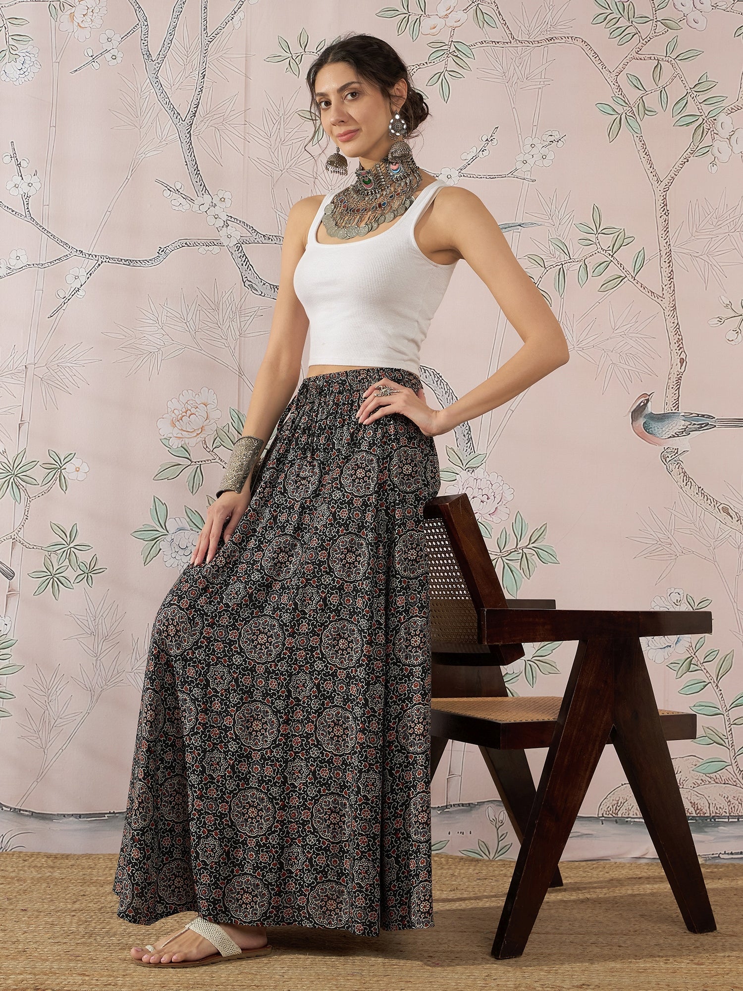 InWeave Black Maroon Ajrakh Fr Skirt - Swadesiicart