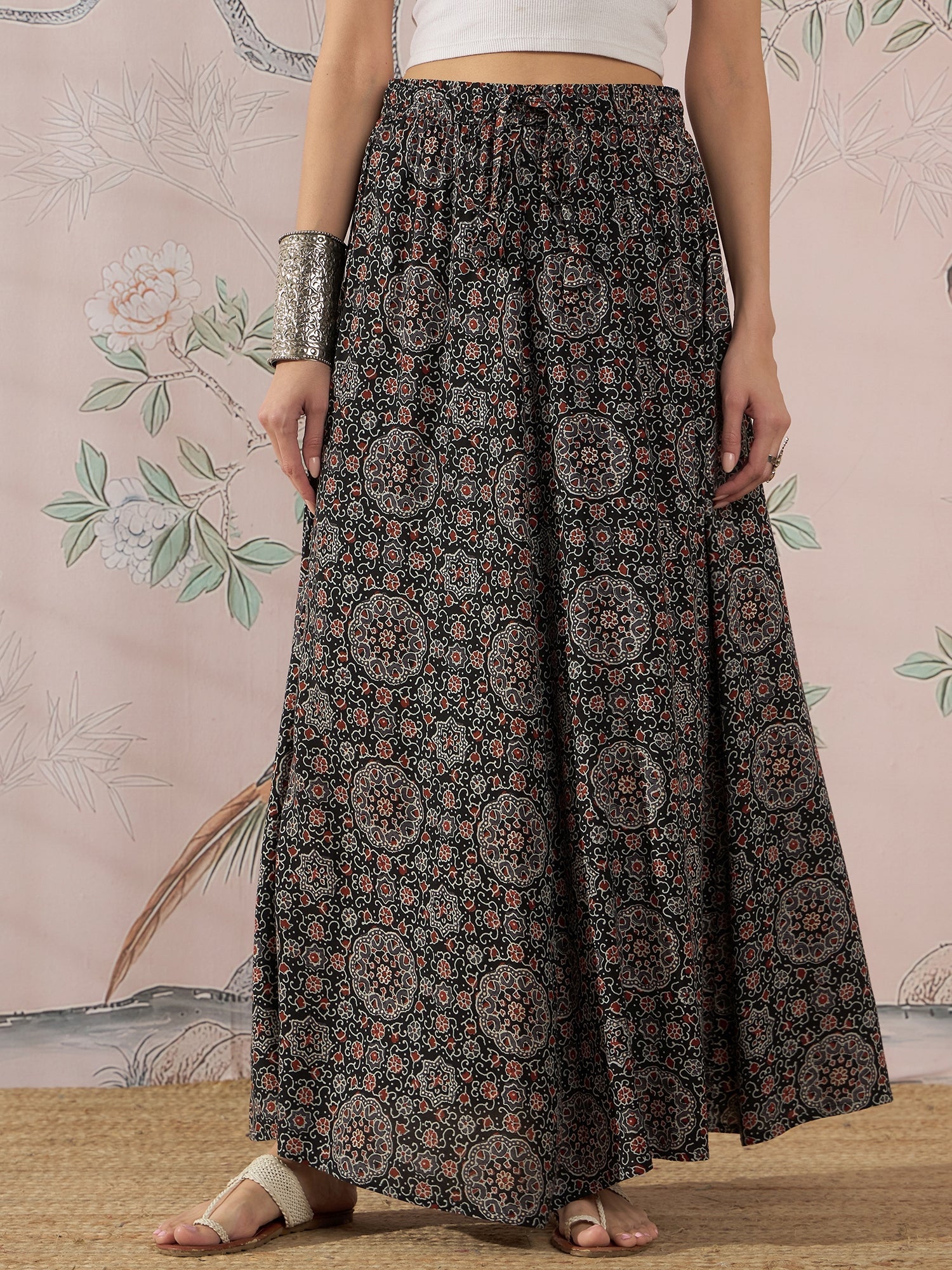 InWeave Black Maroon Ajrakh Fr Skirt - Swadesiicart
