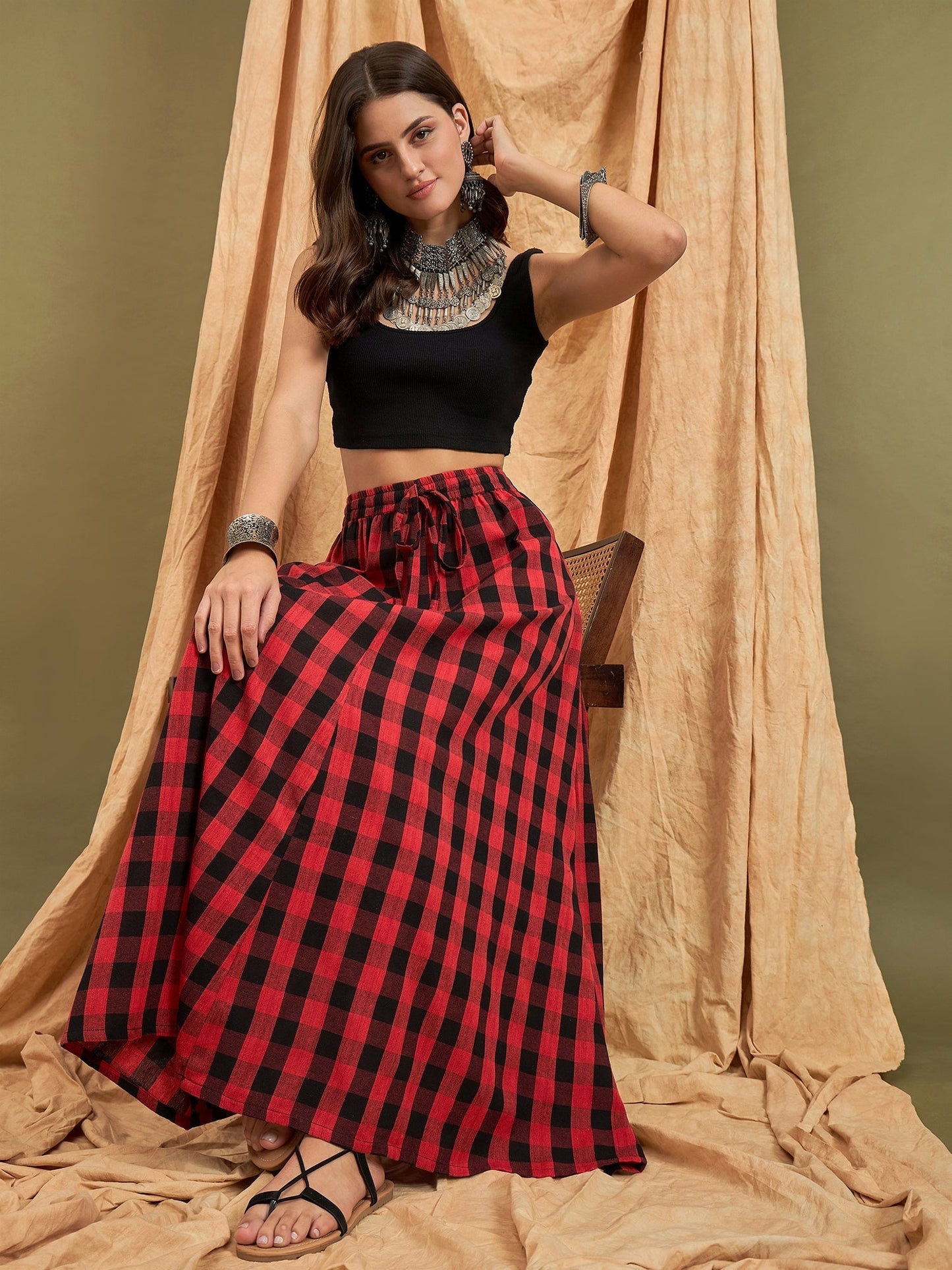 InWeave Black Red Check Skirt - Swadesiicart