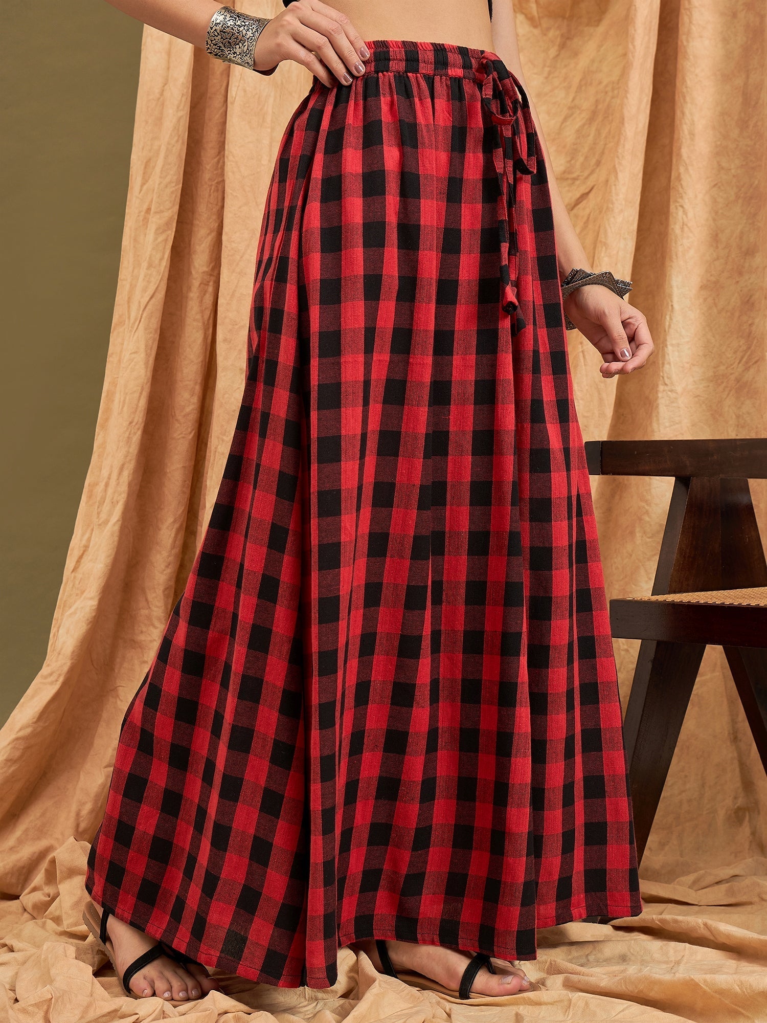 InWeave Black Red Check Skirt - Swadesiicart