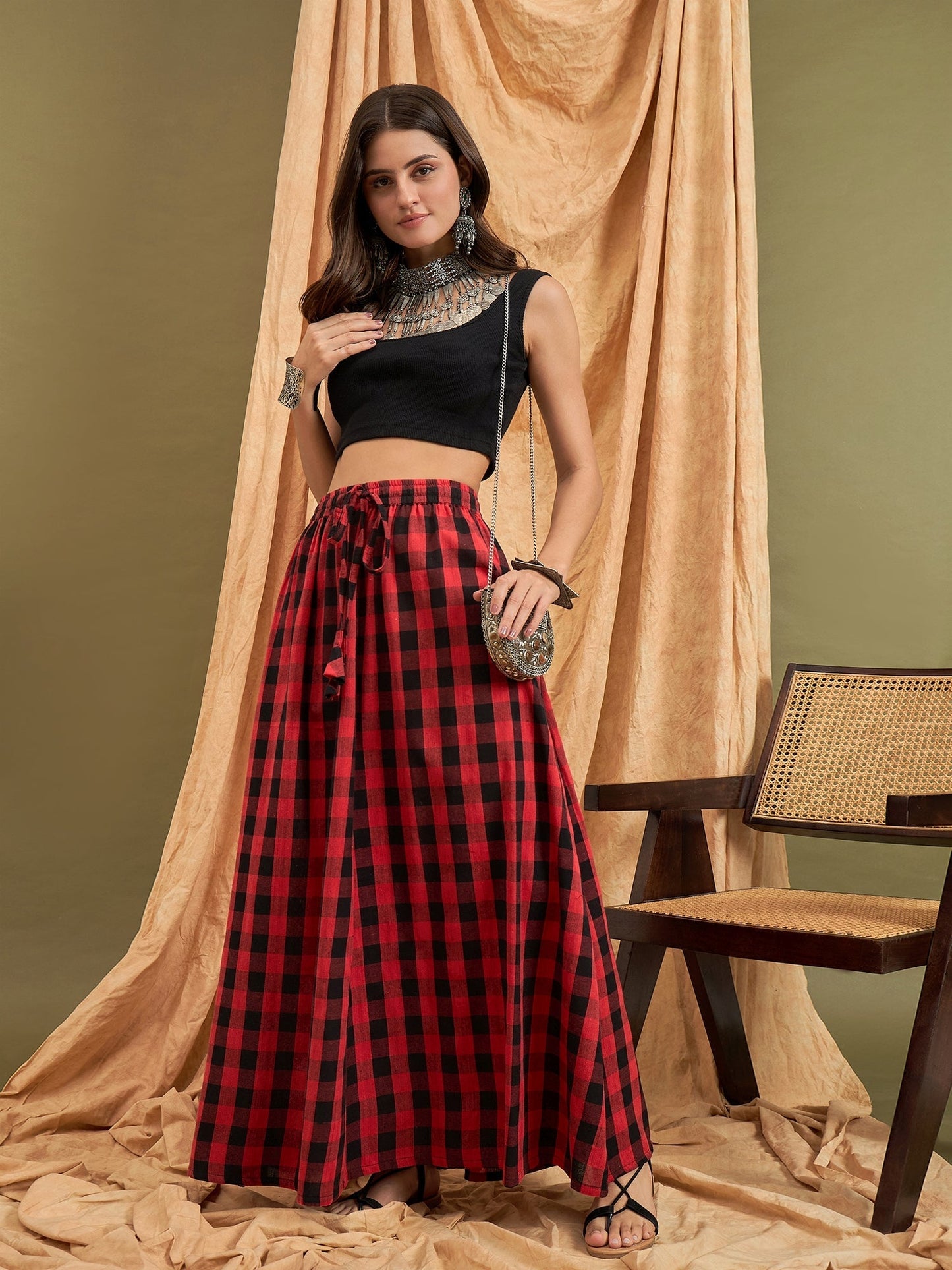 InWeave Black Red Check Skirt - Swadesiicart