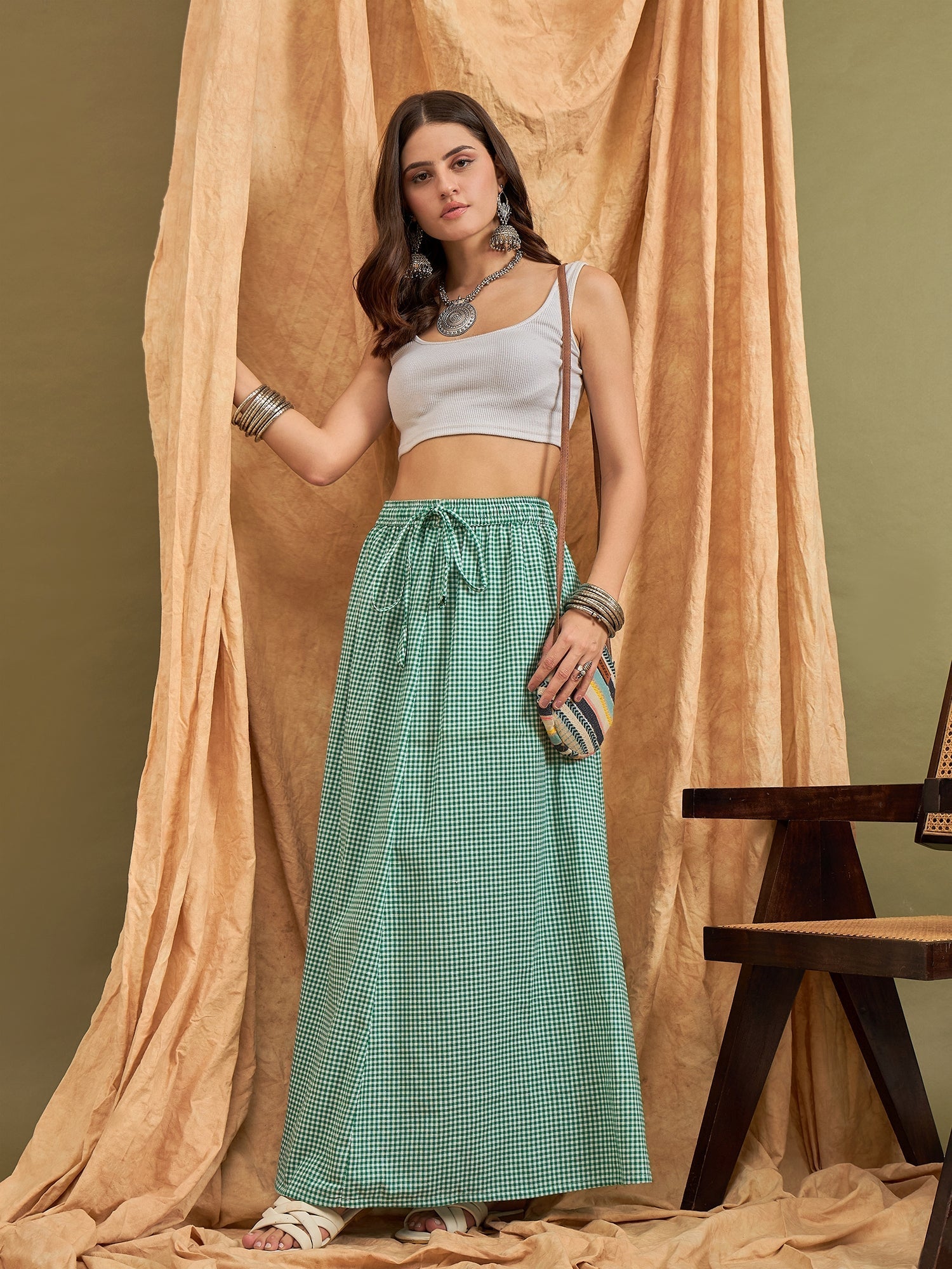 InWeave Green Small Check Skirt - Swadesiicart