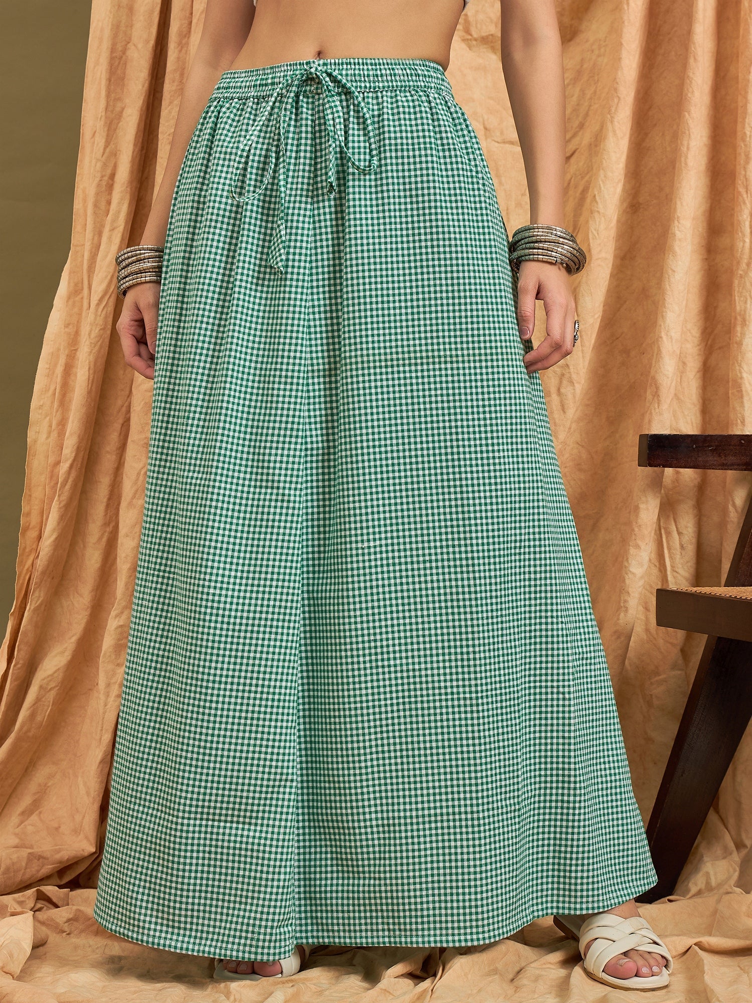 InWeave Green Small Check Skirt - Swadesiicart
