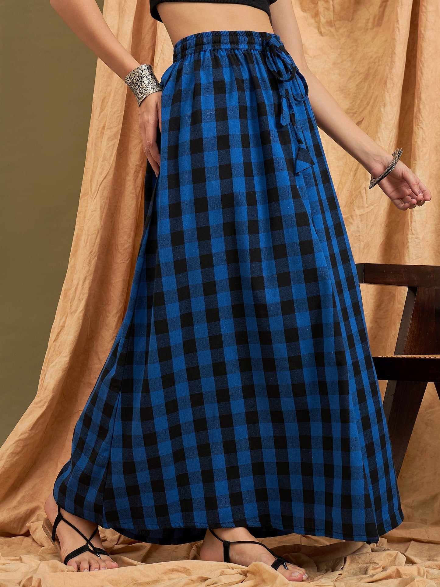 InWeave Ink Blue Black Check Skirt - Swadesiicart