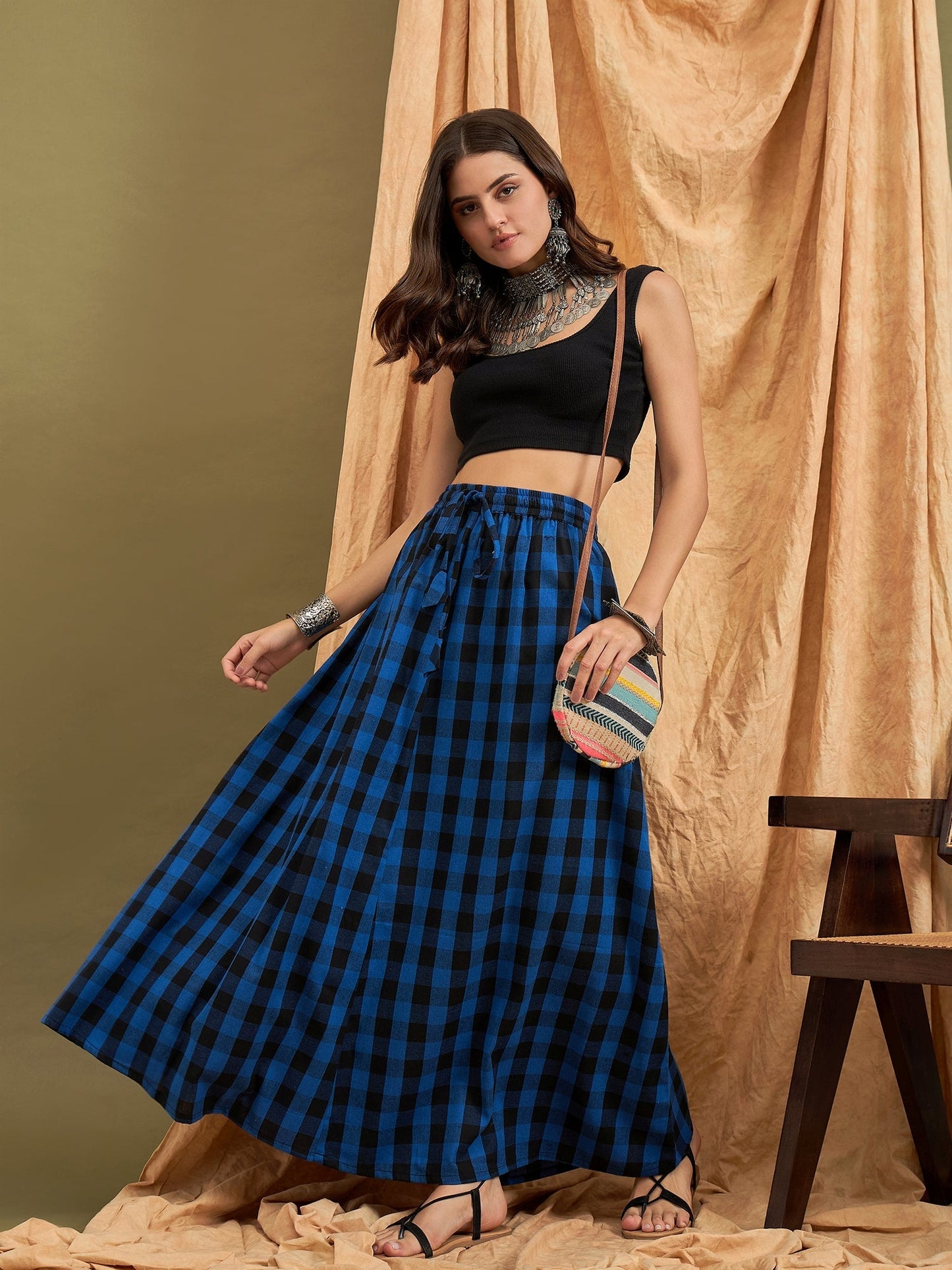 InWeave Ink Blue Black Check Skirt - Swadesiicart