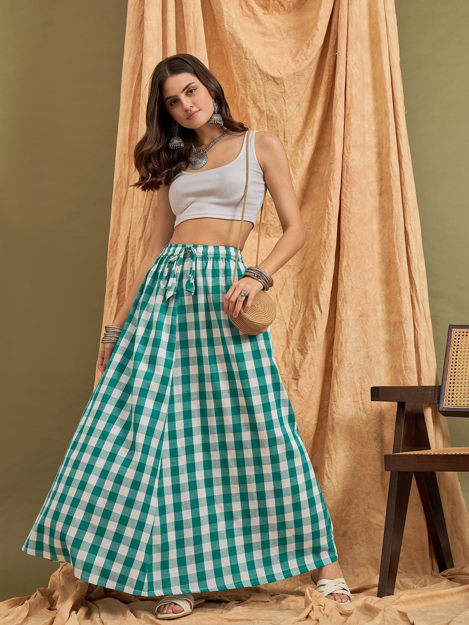 InWeave Light Blue Big Check Skirt - Swadesiicart