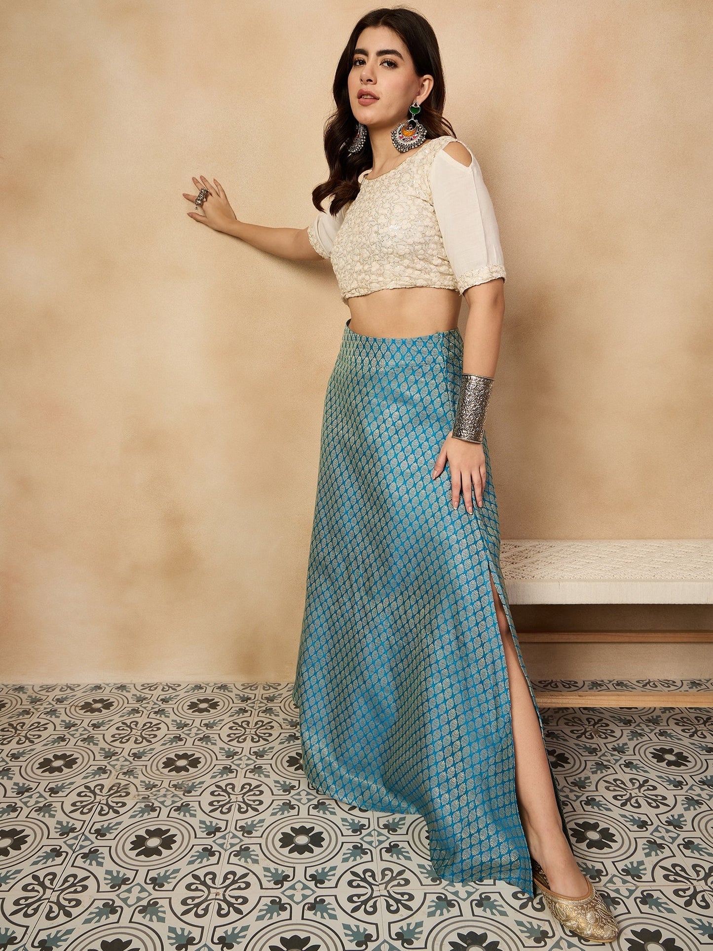 InWeave Maya Blue Brocade Side Slit Skirt - Swadesiicart