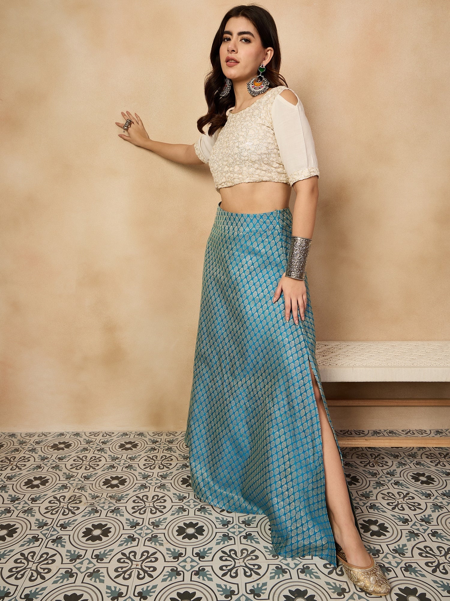 InWeave Maya Blue Brocade Side Slit Skirt - Swadesiicart