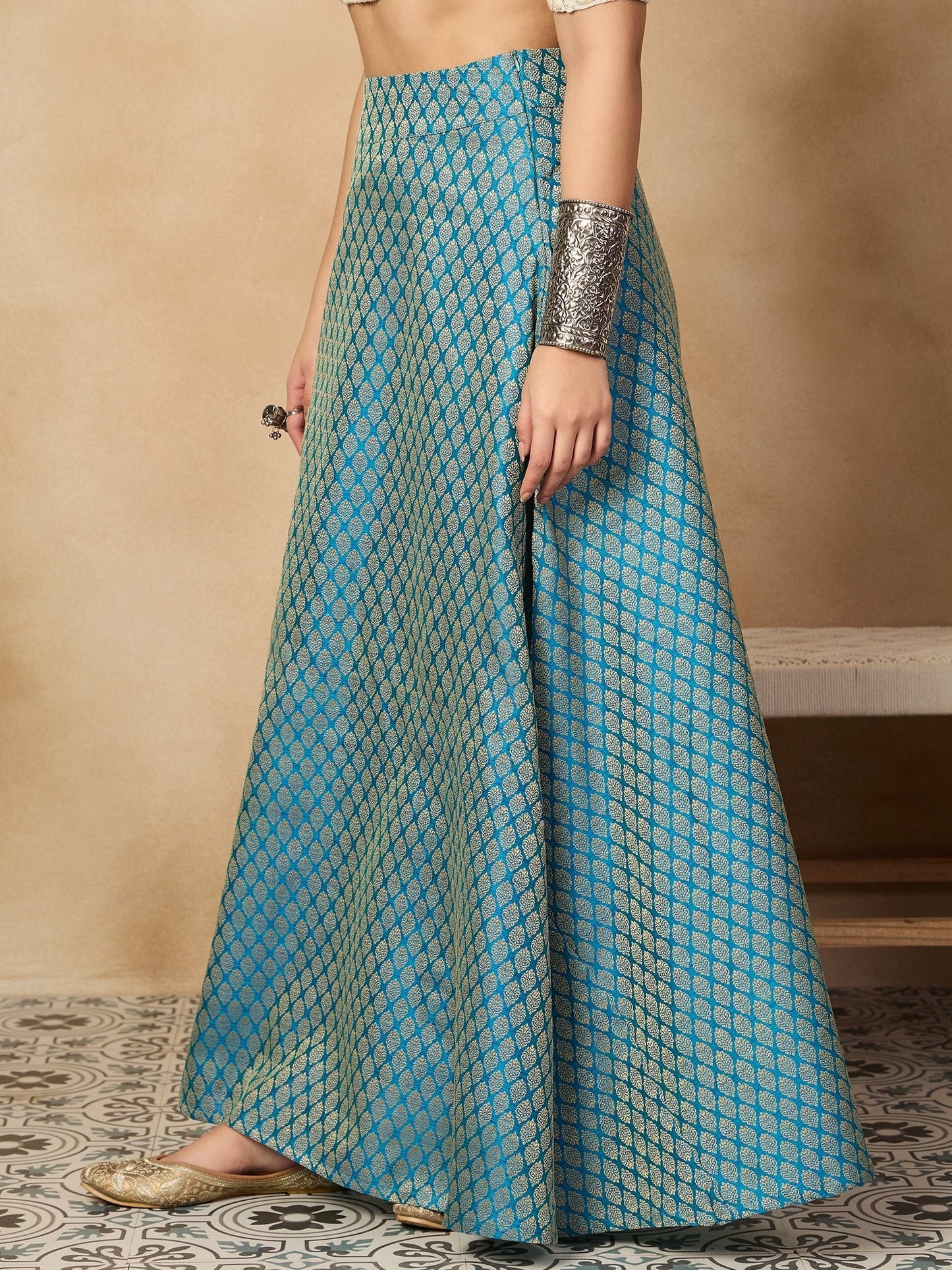 InWeave Maya Blue Brocade Side Slit Skirt - Swadesiicart