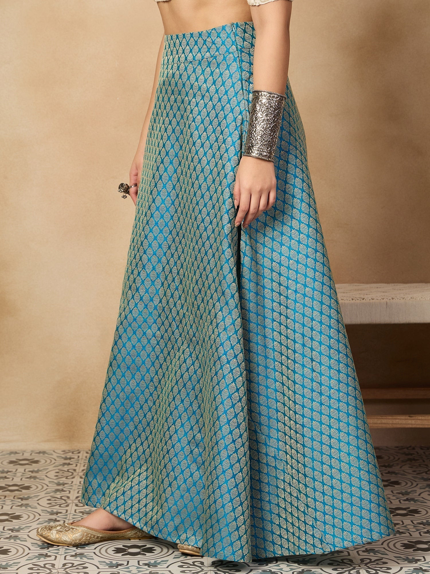 InWeave Maya Blue Brocade Side Slit Skirt - Swadesiicart
