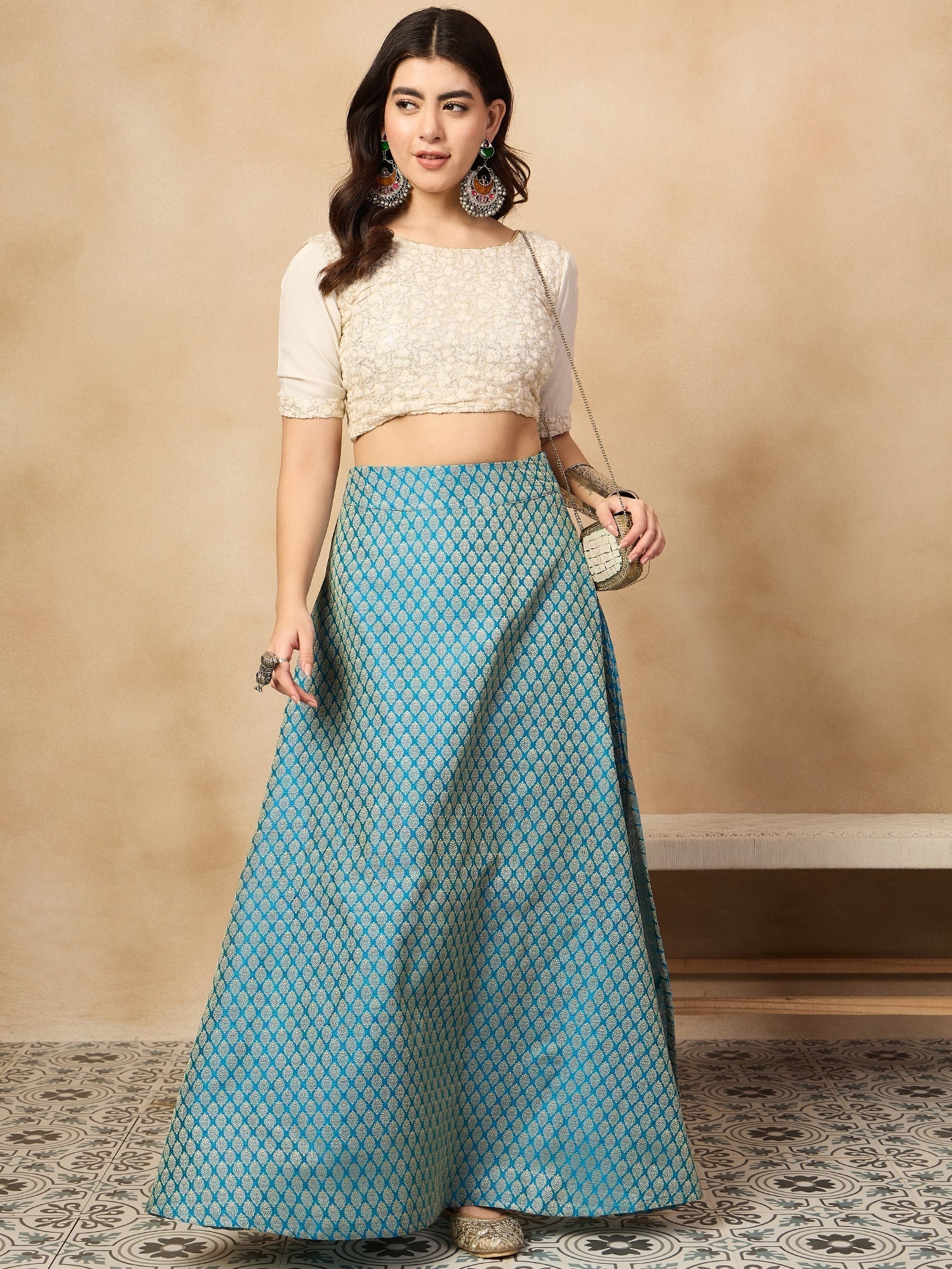 InWeave Maya Blue Brocade Side Slit Skirt - Swadesiicart
