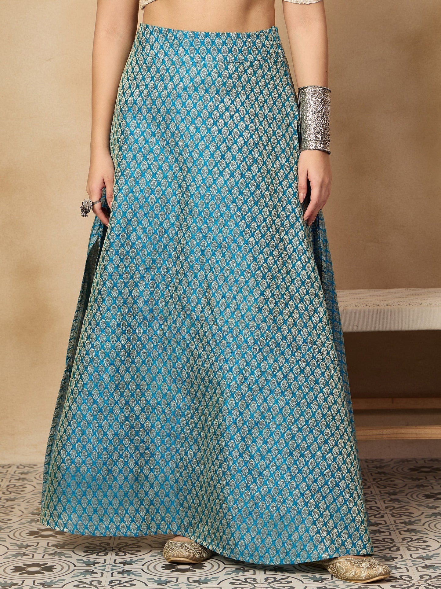InWeave Maya Blue Brocade Side Slit Skirt - Swadesiicart