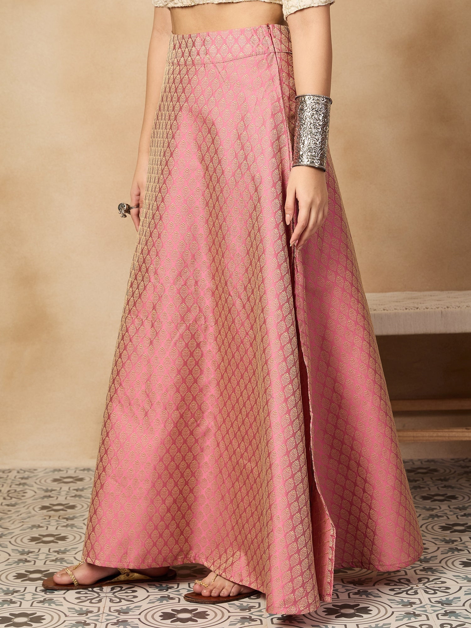 InWeave Light Pink Brocade Side Slit Skirt - Swadesiicart