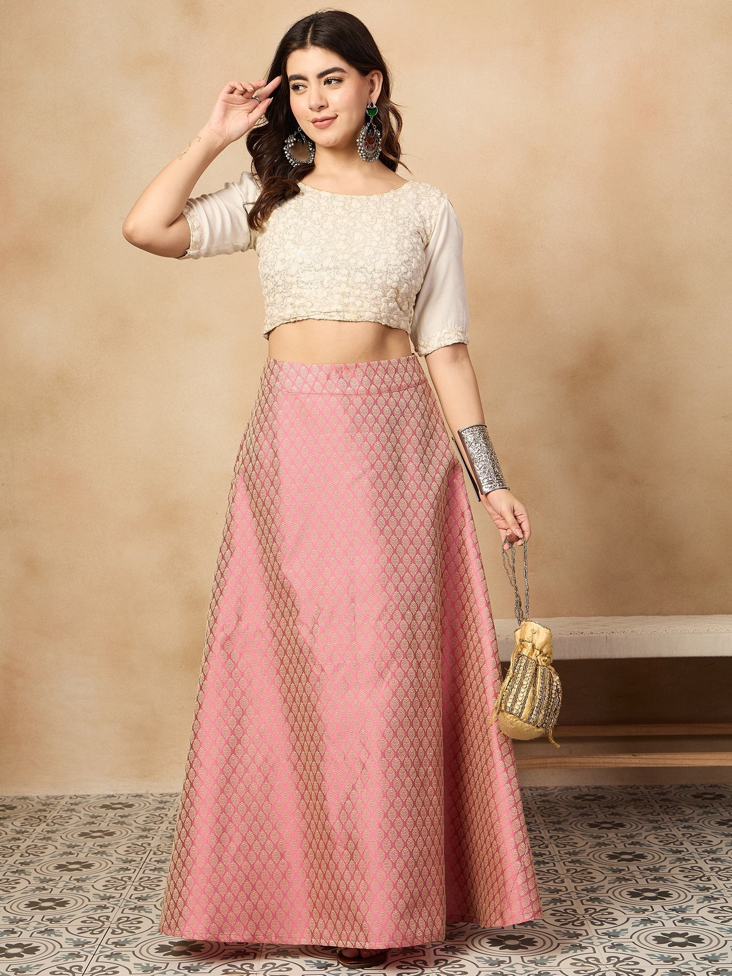 InWeave Light Pink Brocade Side Slit Skirt - Swadesiicart