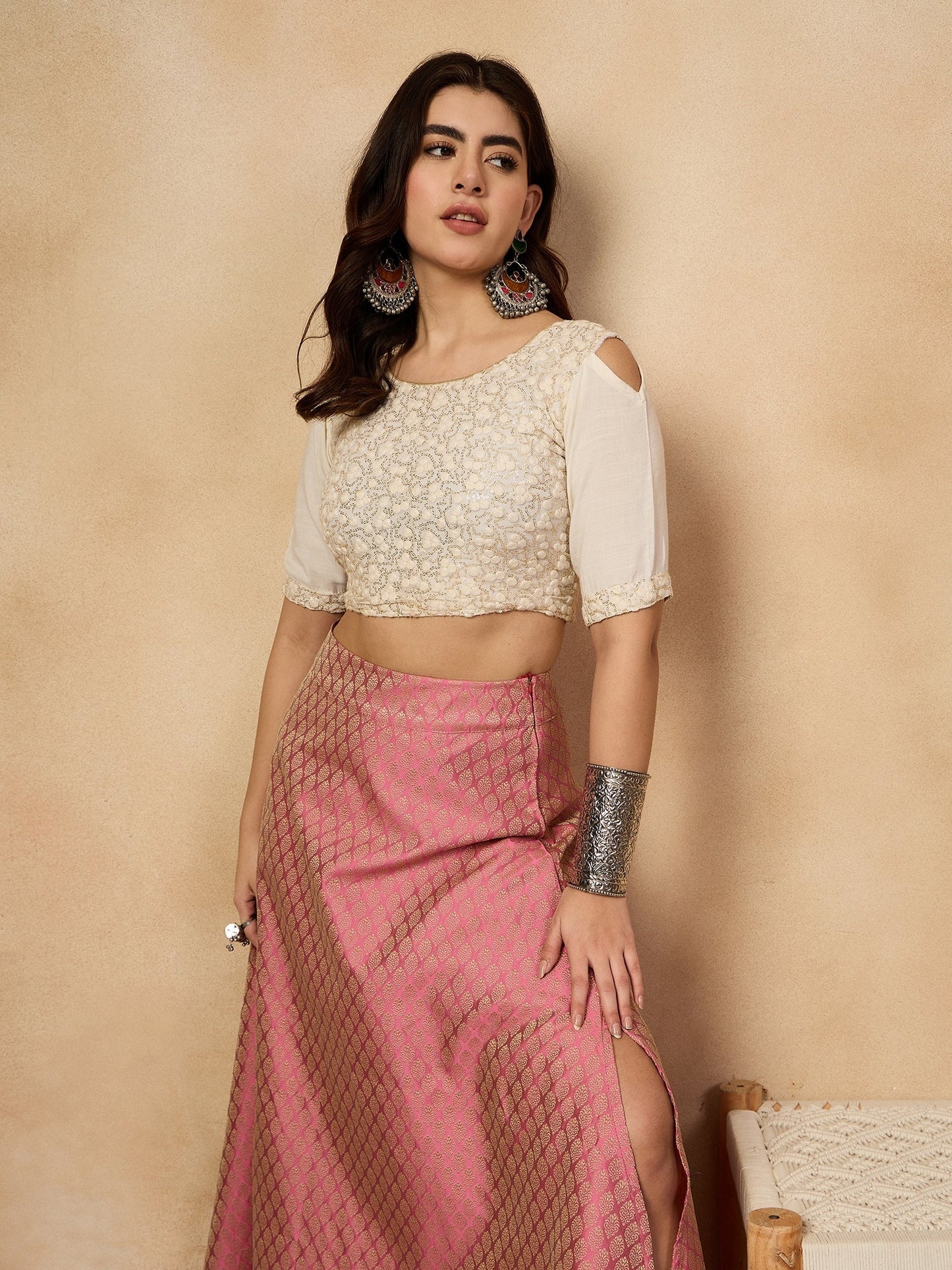 InWeave Light Pink Brocade Side Slit Skirt - Swadesiicart