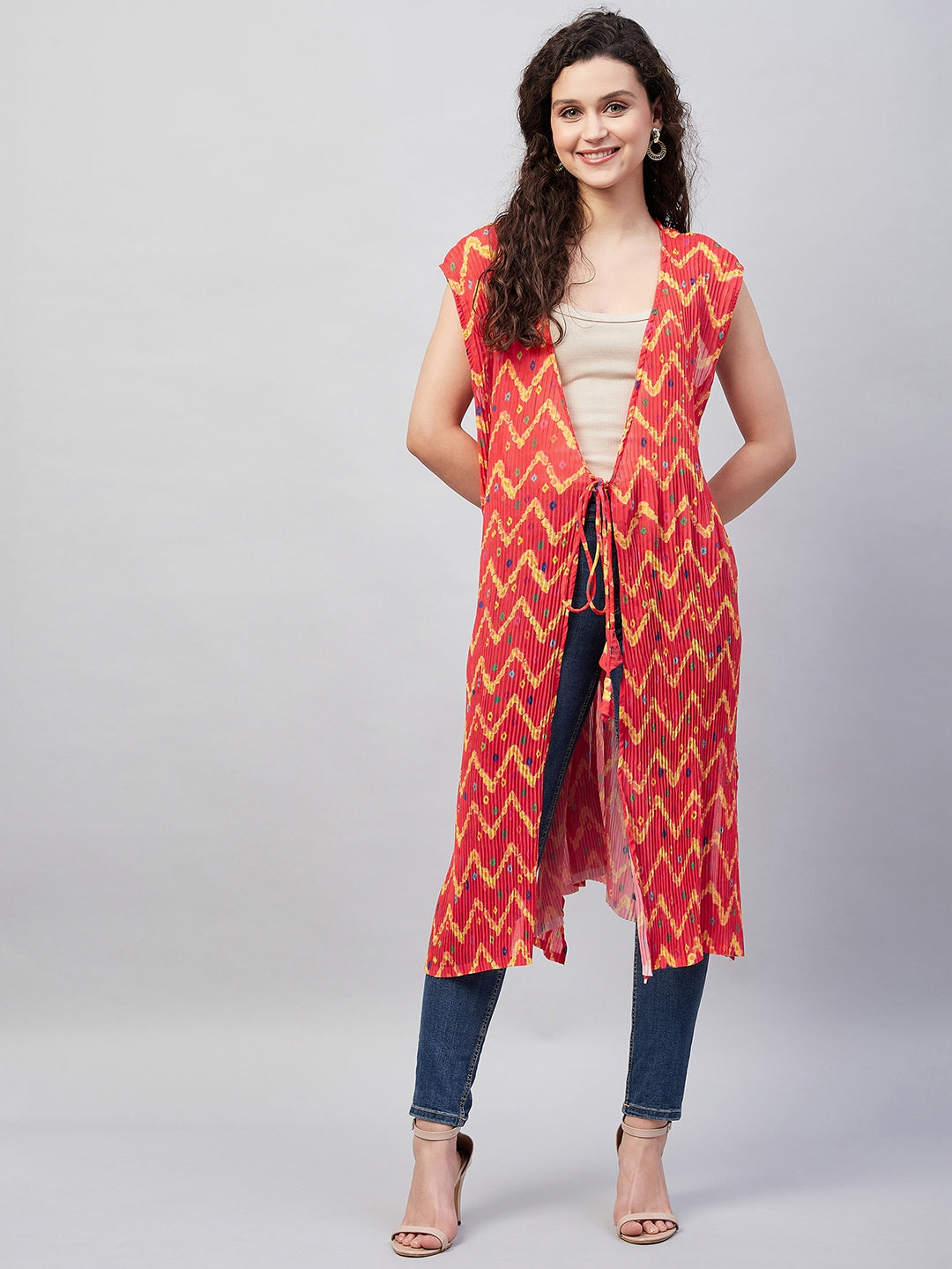 InWeave Women's Orange Pleated Georgette Shrug - Swadesiicart