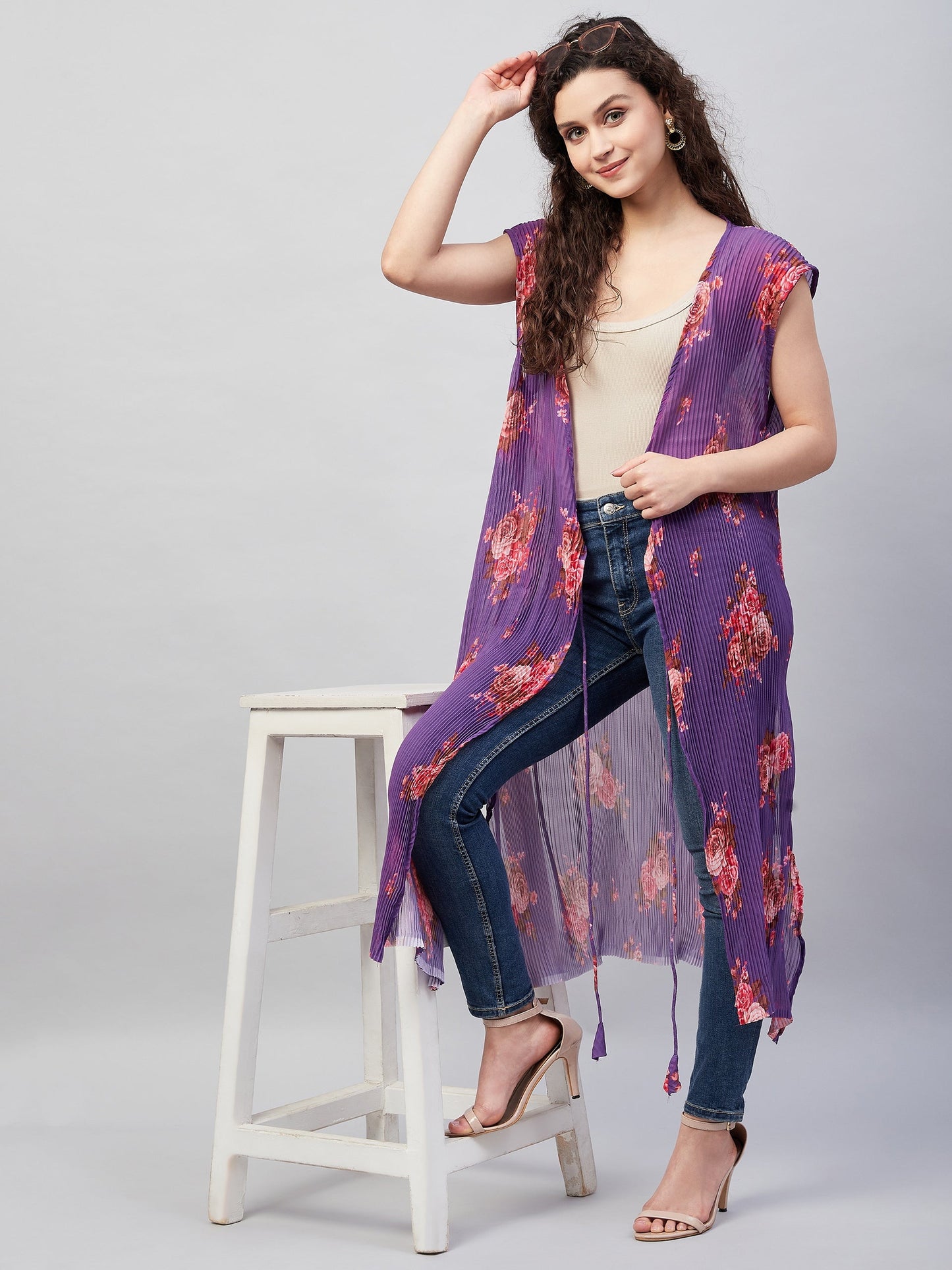 InWeave Women's Purple Pleated Georgette Shrug - Swadesiicart
