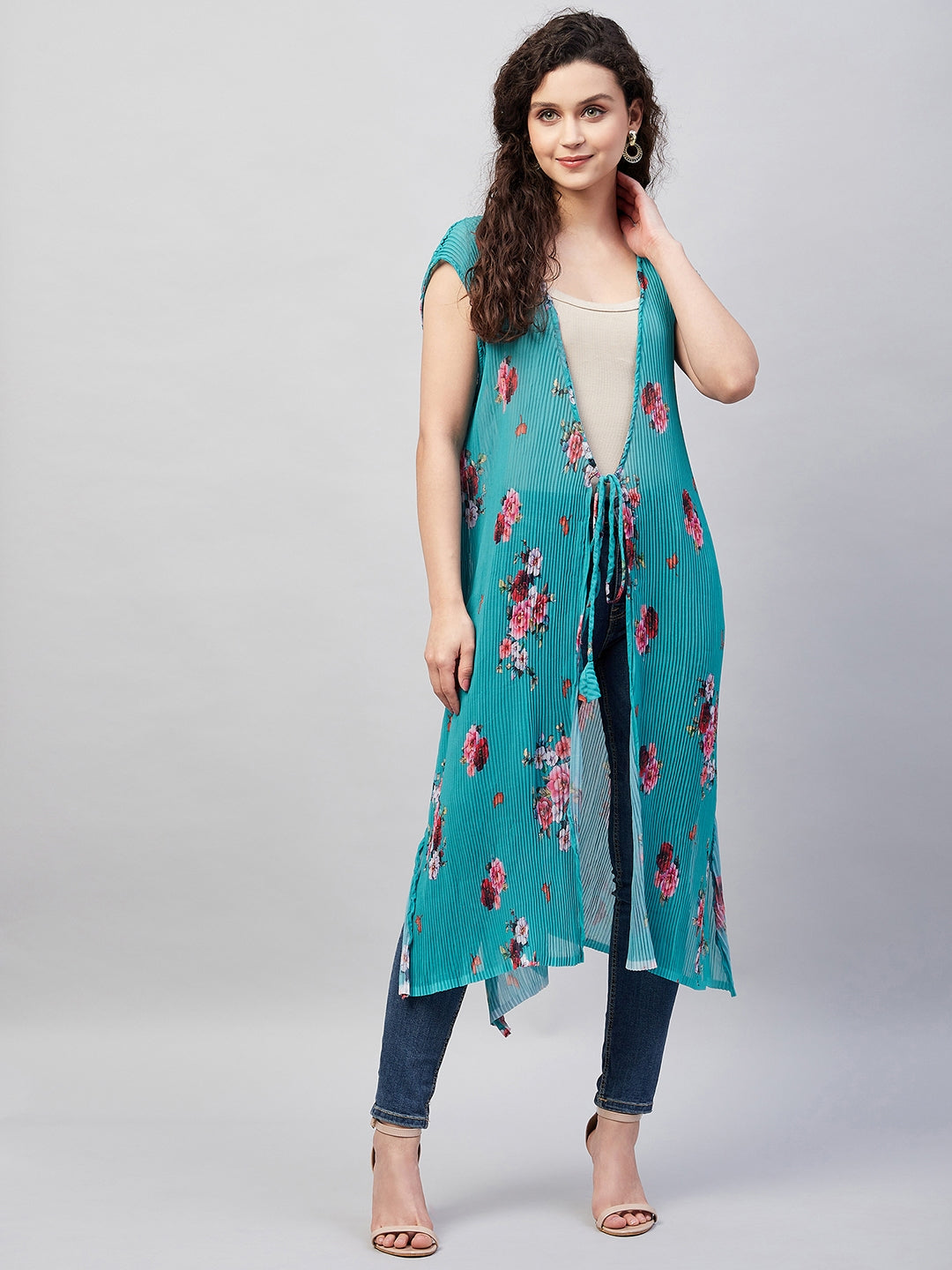 InWeave Women's Blue Pleated Georgette Shrug - Swadesiicart