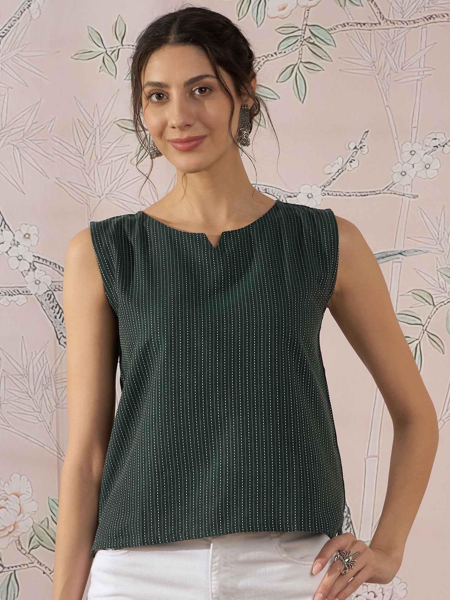 InWeave Dark Green Sleeveless Kantha Top - Swadesiicart