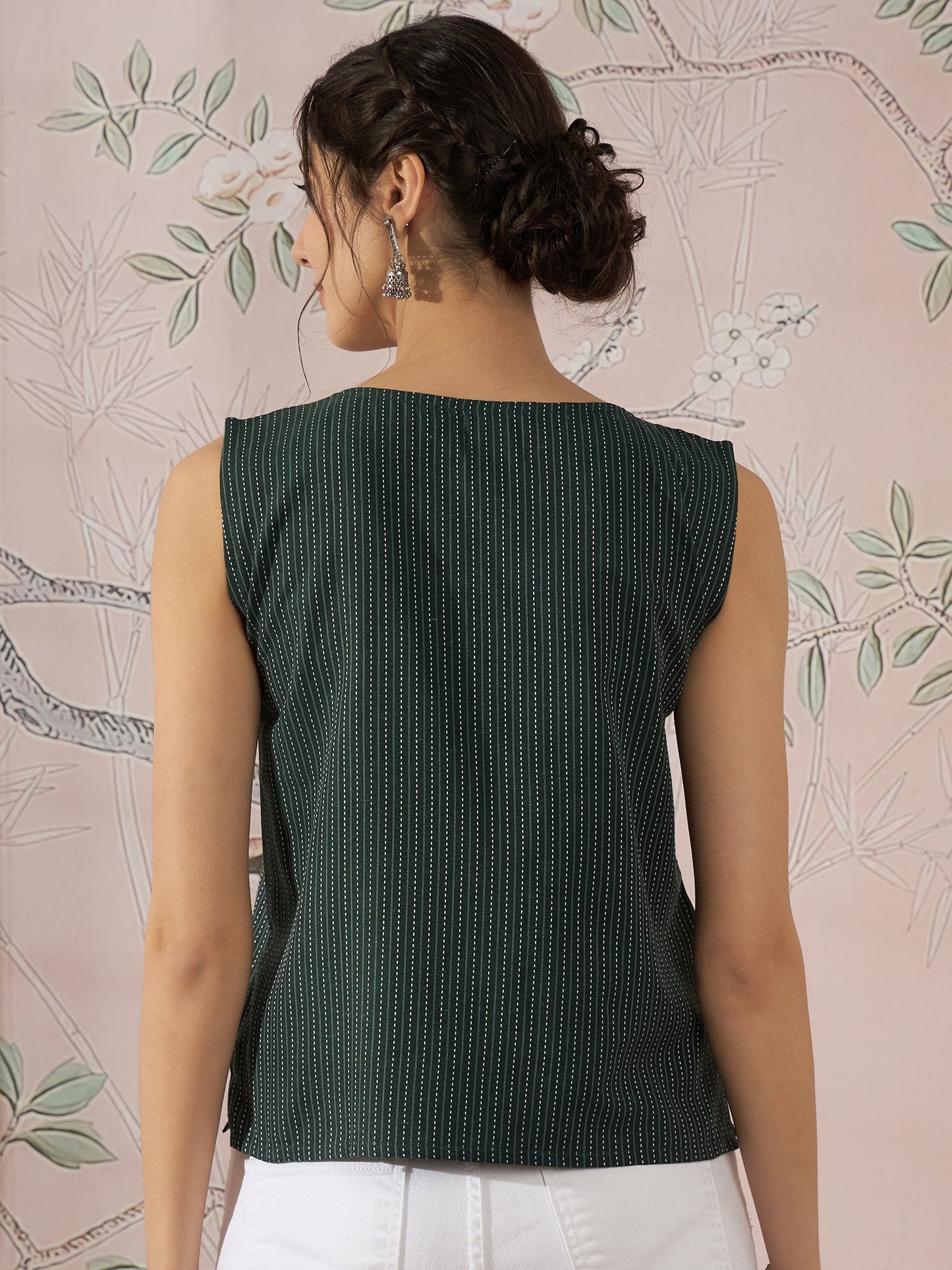 InWeave Dark Green Sleeveless Kantha Top - Swadesiicart