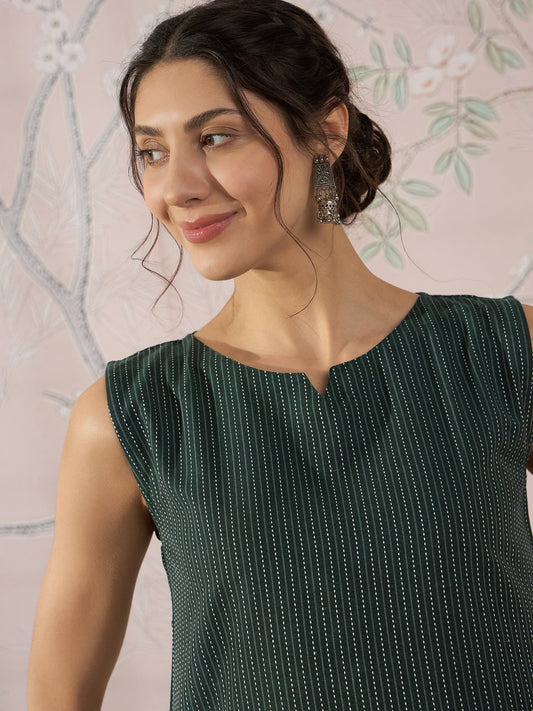 InWeave Dark Green Sleeveless Kantha Top - Swadesiicart