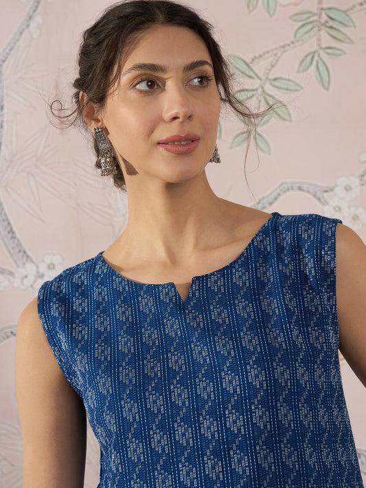 InWeave Blue Ikkat Kantha W/S Top - Swadesiicart