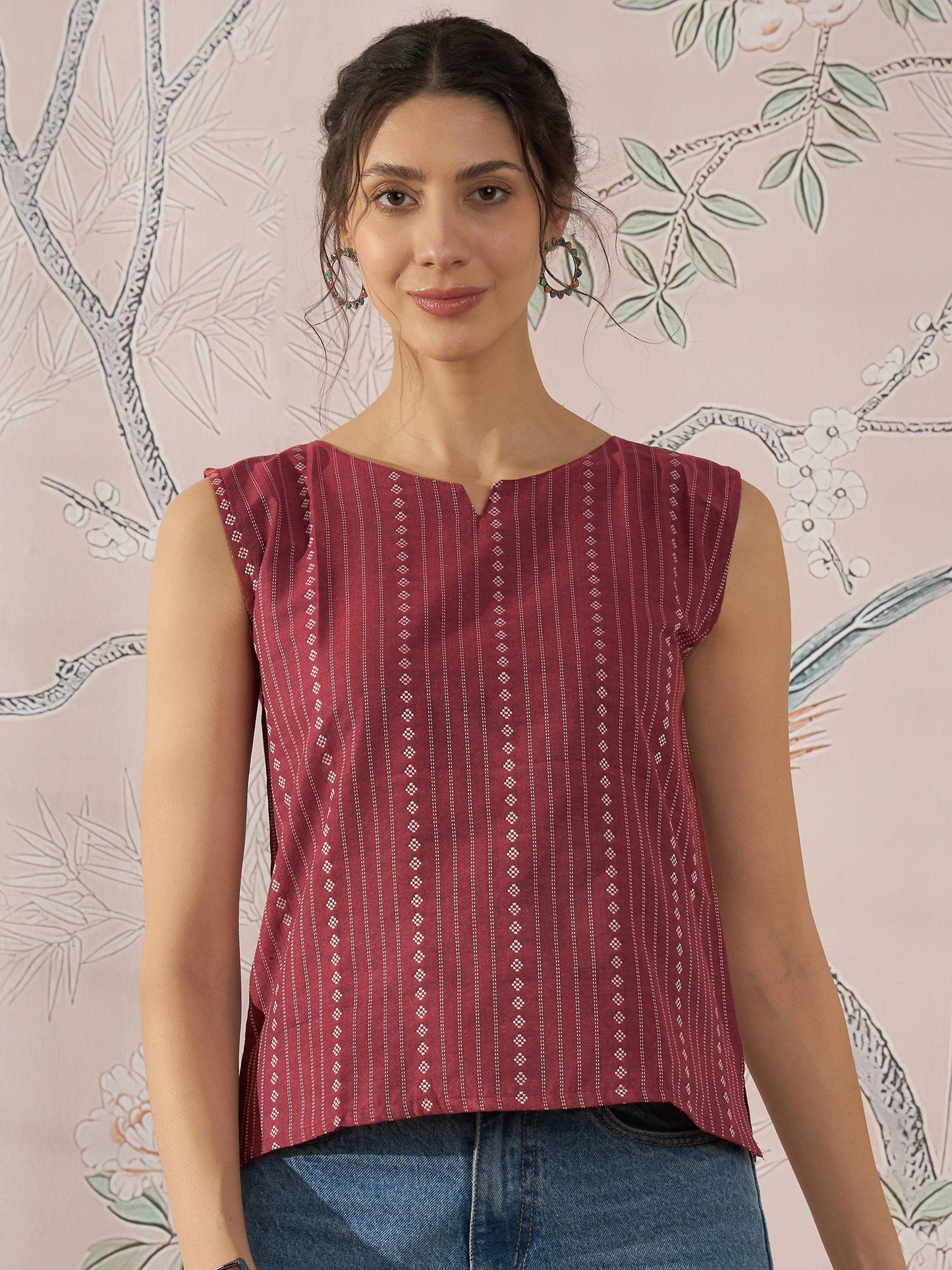 InWeave Maroon Striped Kantha W/S Top - Swadesiicart