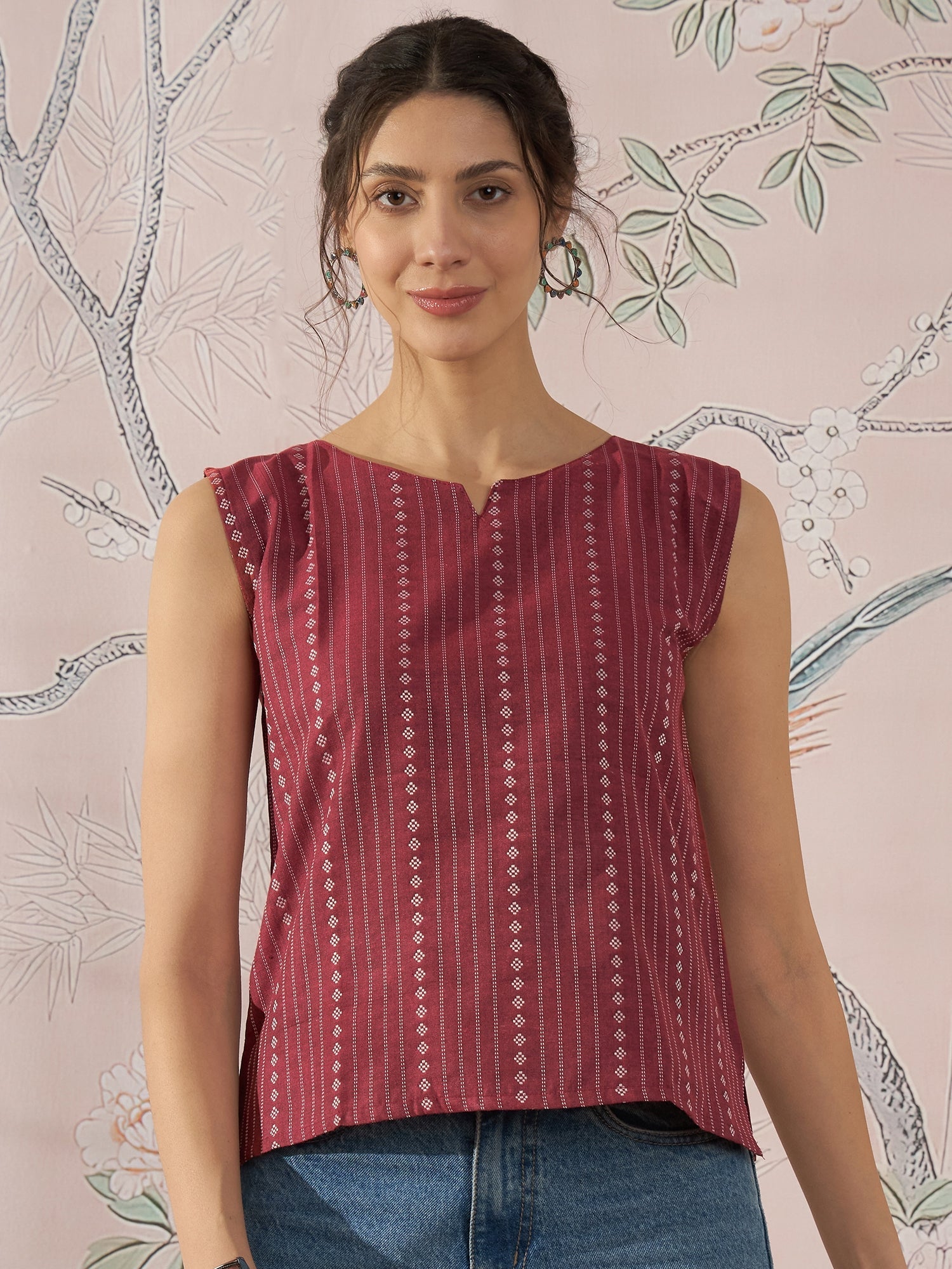 InWeave Maroon Striped Kantha W/S Top - Swadesiicart