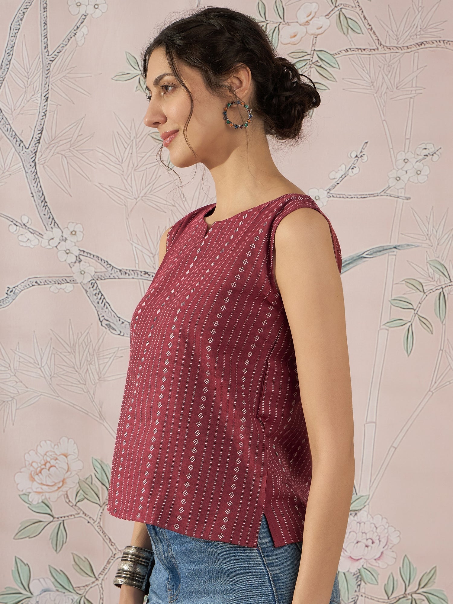 InWeave Maroon Striped Kantha W/S Top - Swadesiicart