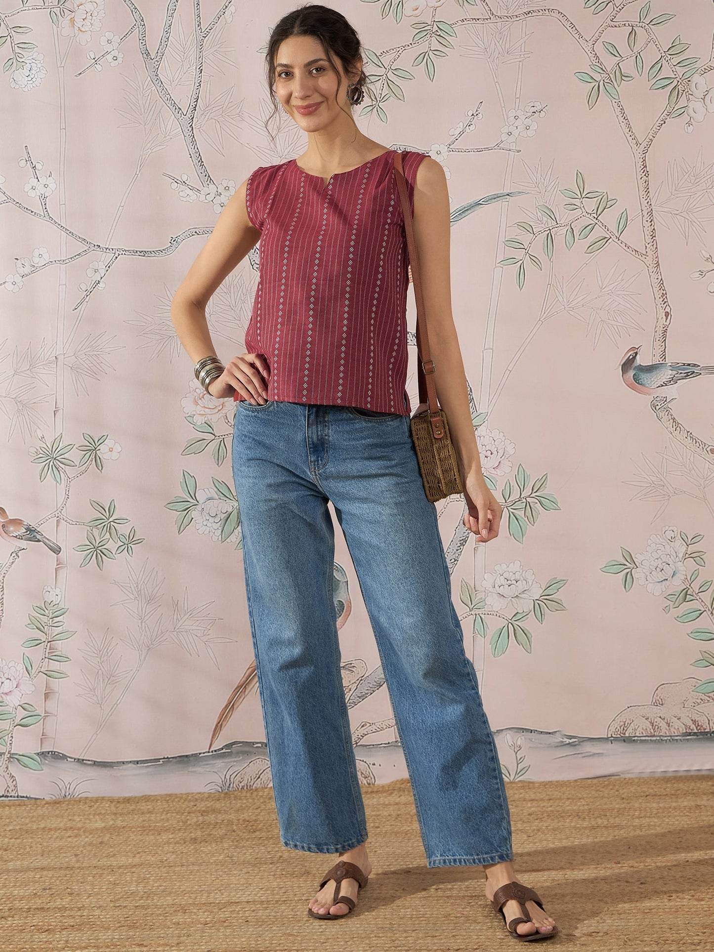 InWeave Maroon Striped Kantha W/S Top - Swadesiicart