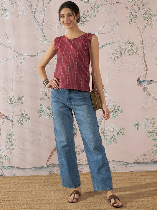 InWeave Maroon Striped Kantha W/S Top - Swadesiicart