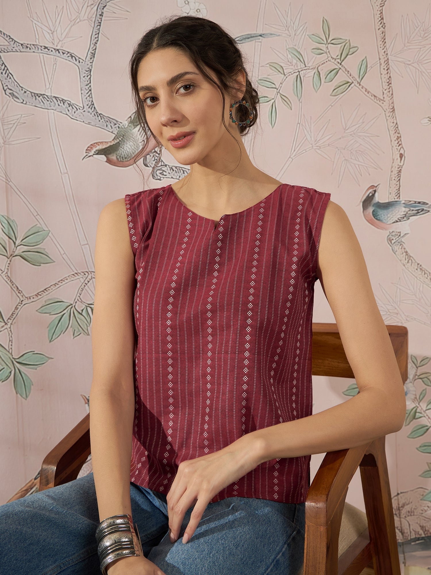 InWeave Maroon Striped Kantha W/S Top - Swadesiicart