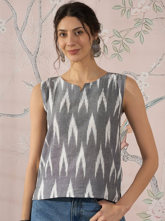 InWeave Grey Ikkat Kantha W/S Top - Swadesiicart