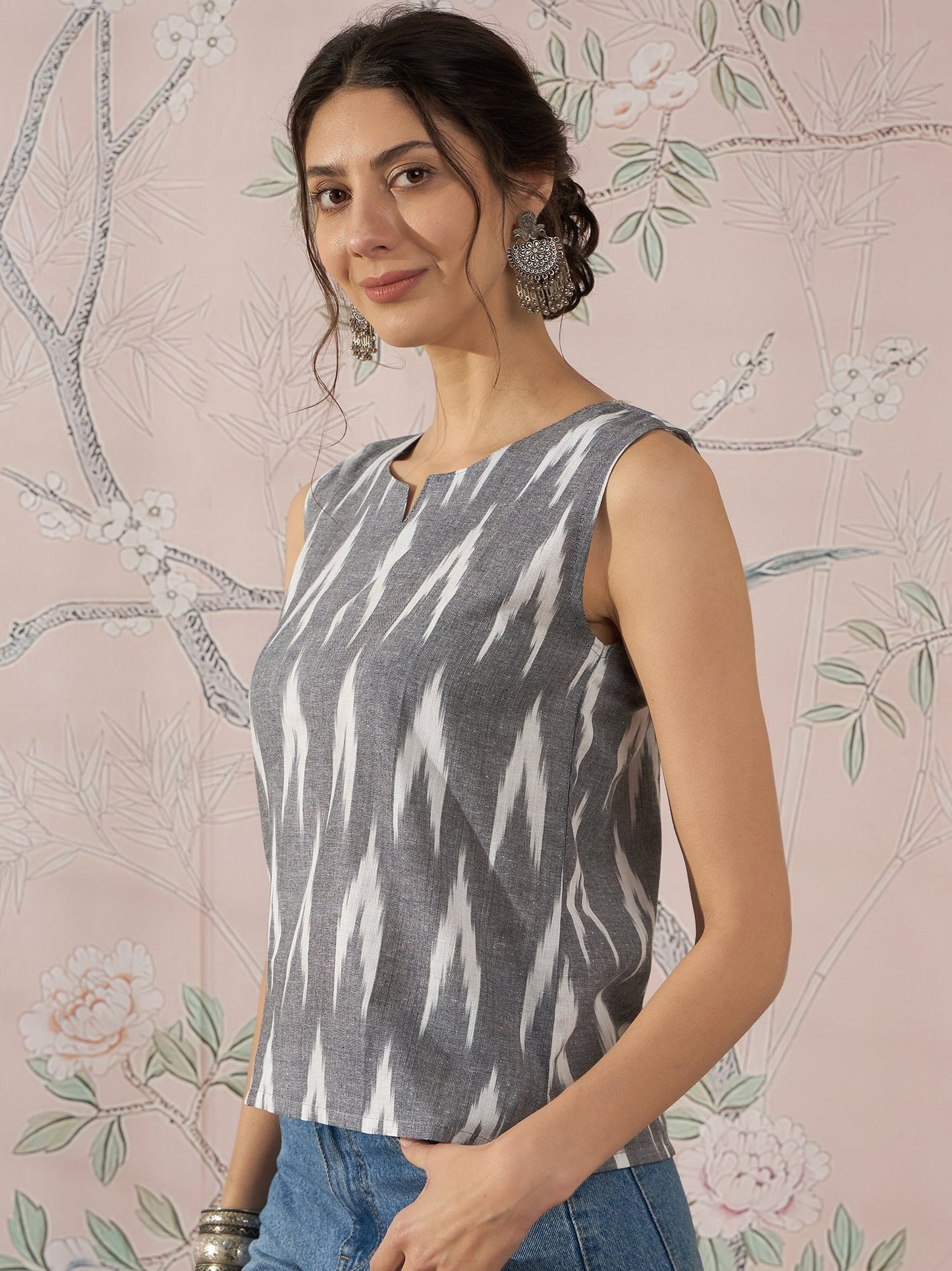 InWeave Grey Ikkat Kantha W/S Top - Swadesiicart