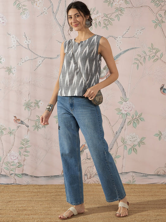 InWeave Grey Ikkat Kantha W/S Top - Swadesiicart