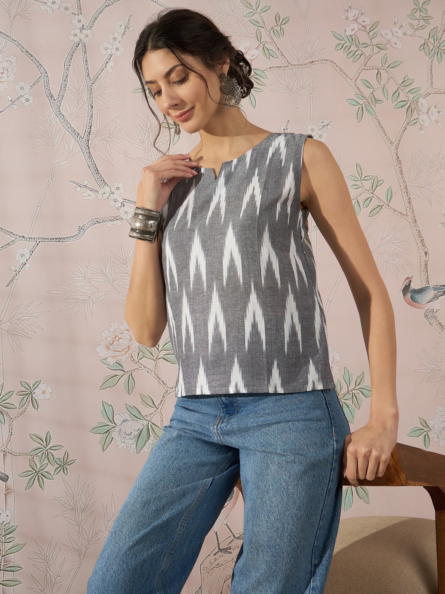InWeave Grey Ikkat Kantha W/S Top - Swadesiicart