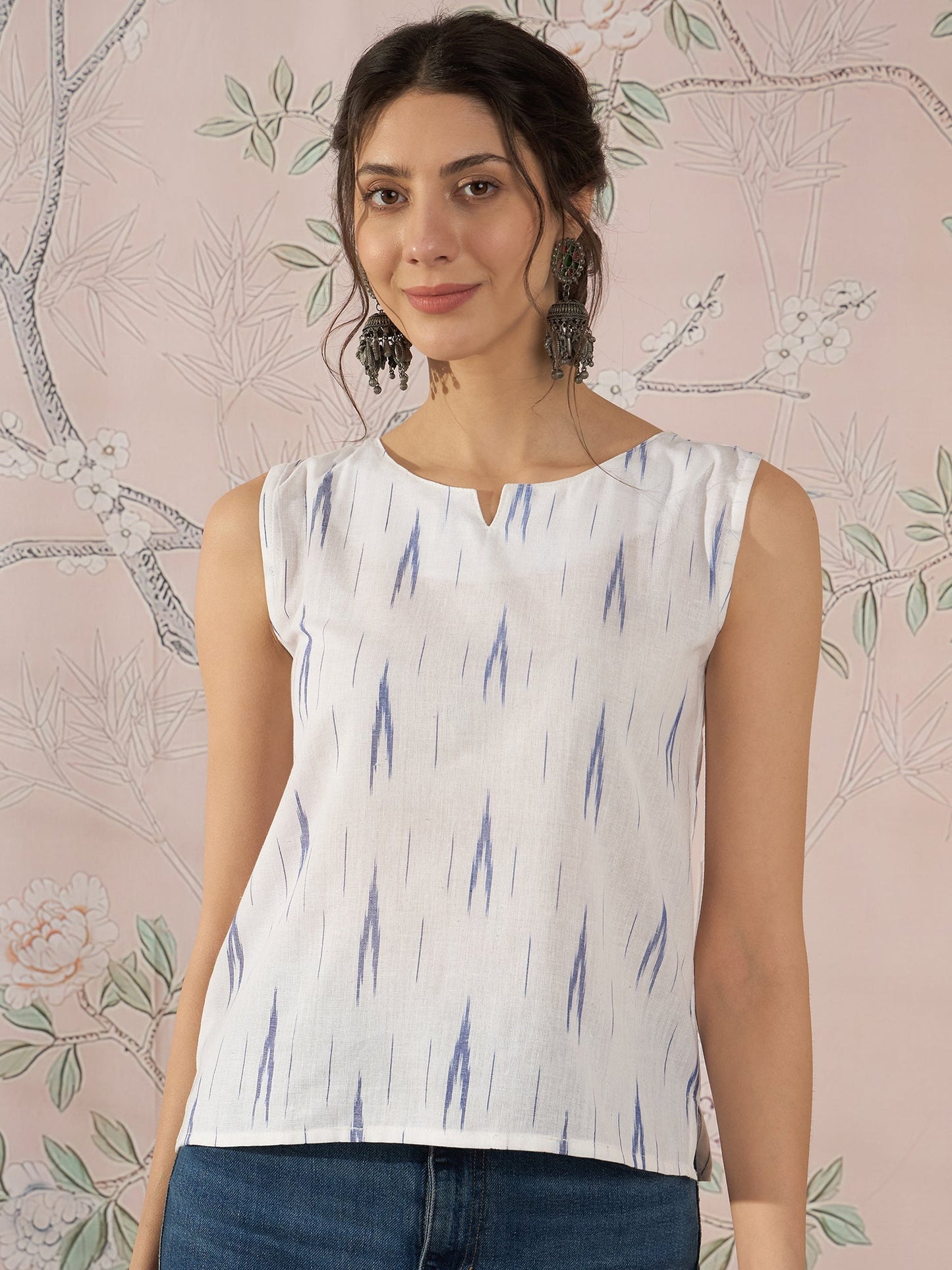 InWeave White Blue Ikkat W/S Top - Swadesiicart