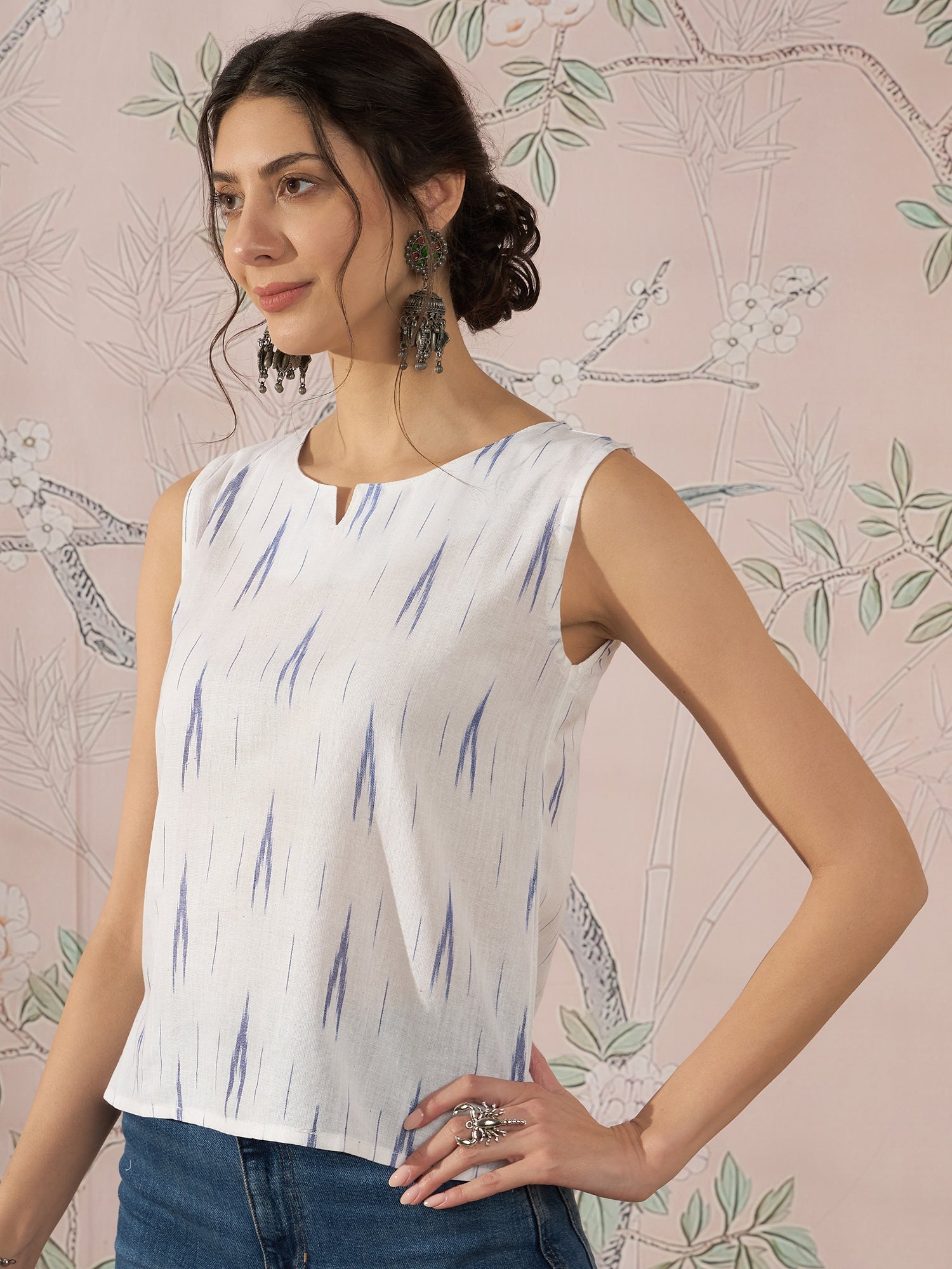 InWeave White Blue Ikkat W/S Top - Swadesiicart