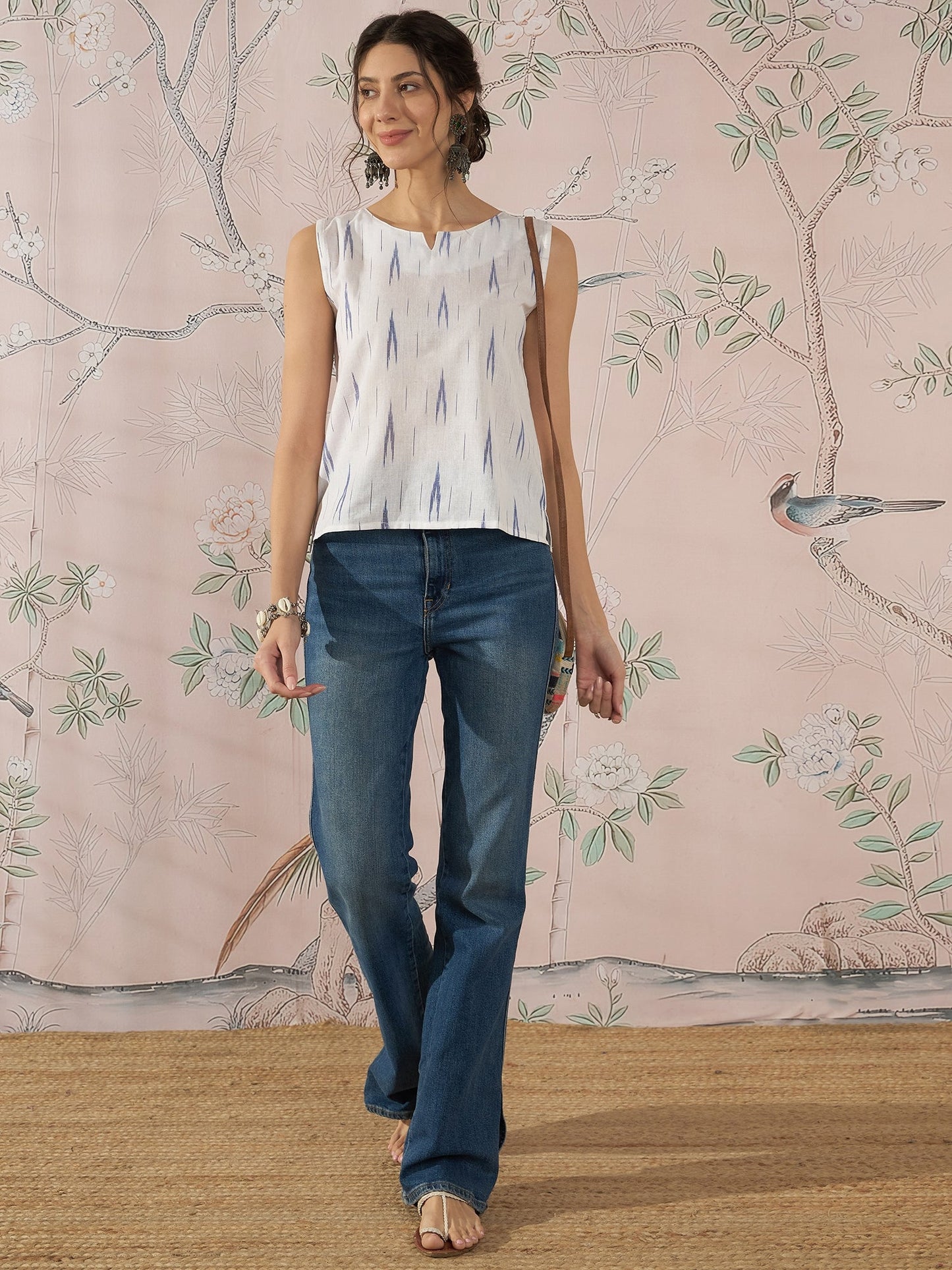 InWeave White Blue Ikkat W/S Top - Swadesiicart