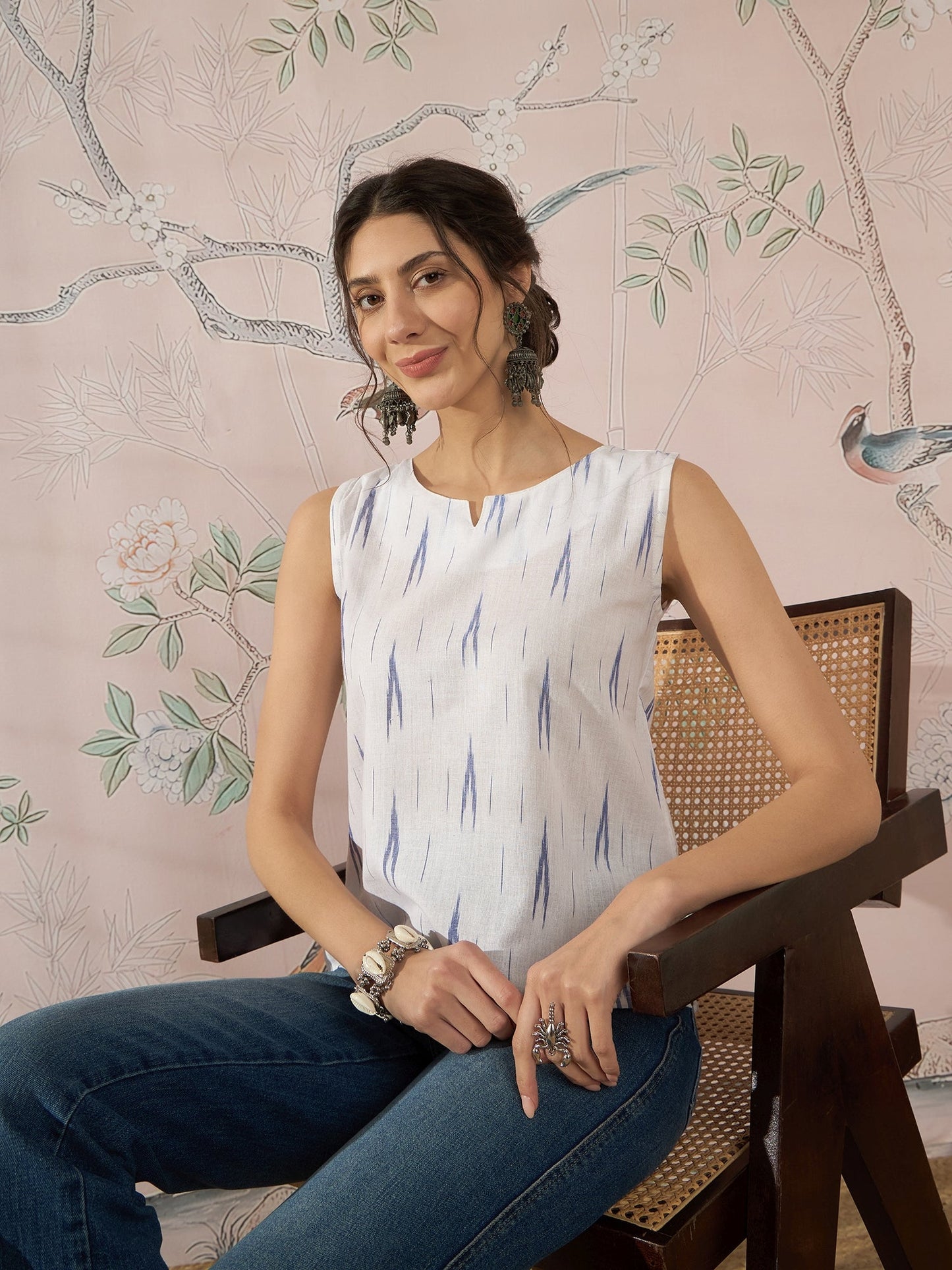 InWeave White Blue Ikkat W/S Top - Swadesiicart