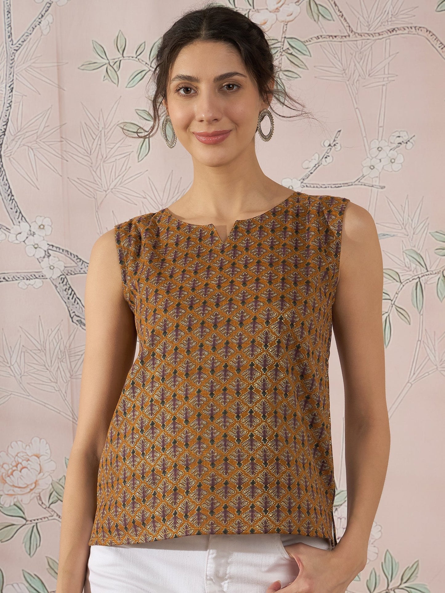InWeave Mustard Foil Print W/S Top - Swadesiicart
