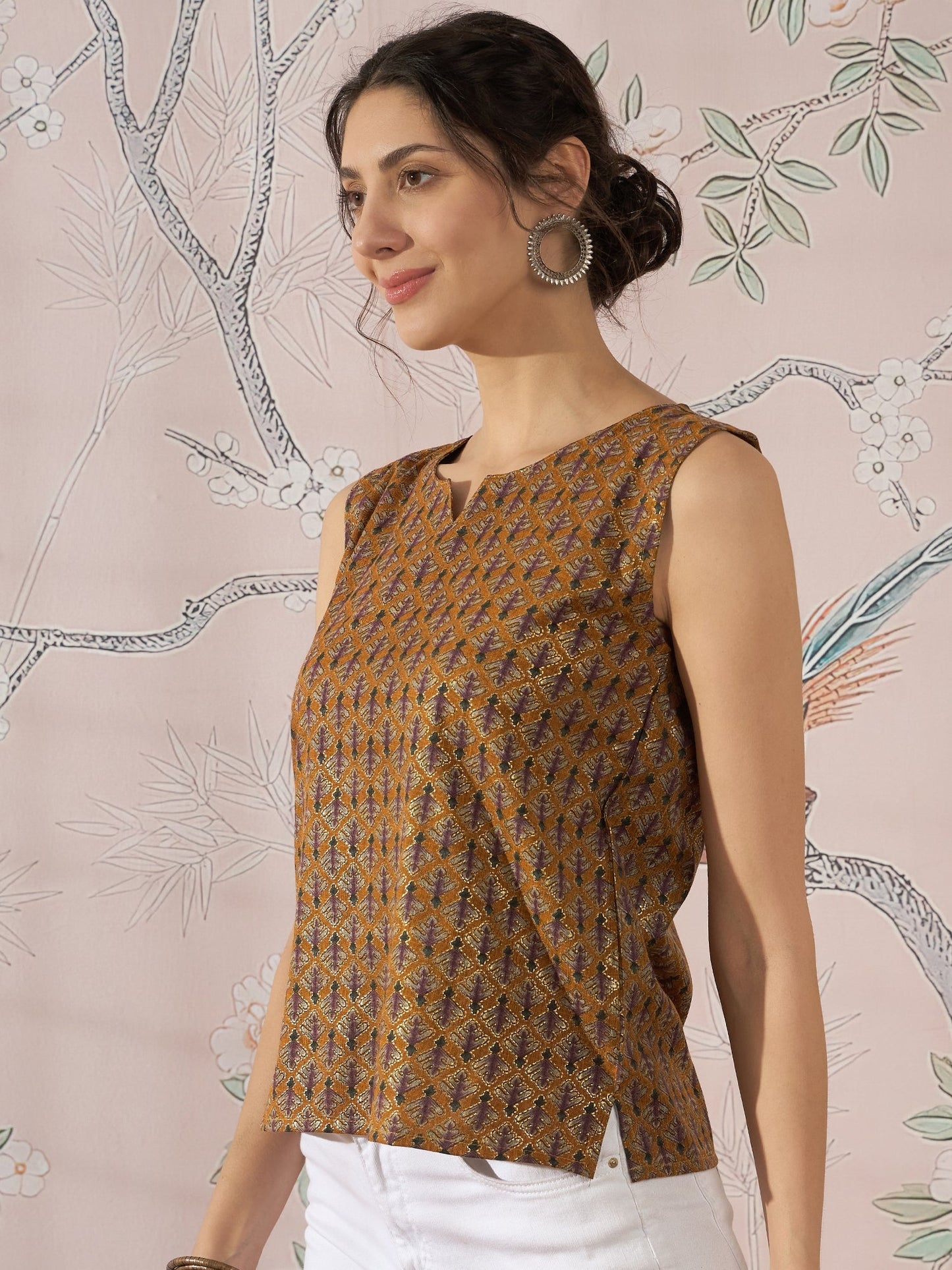 InWeave Mustard Foil Print W/S Top - Swadesiicart
