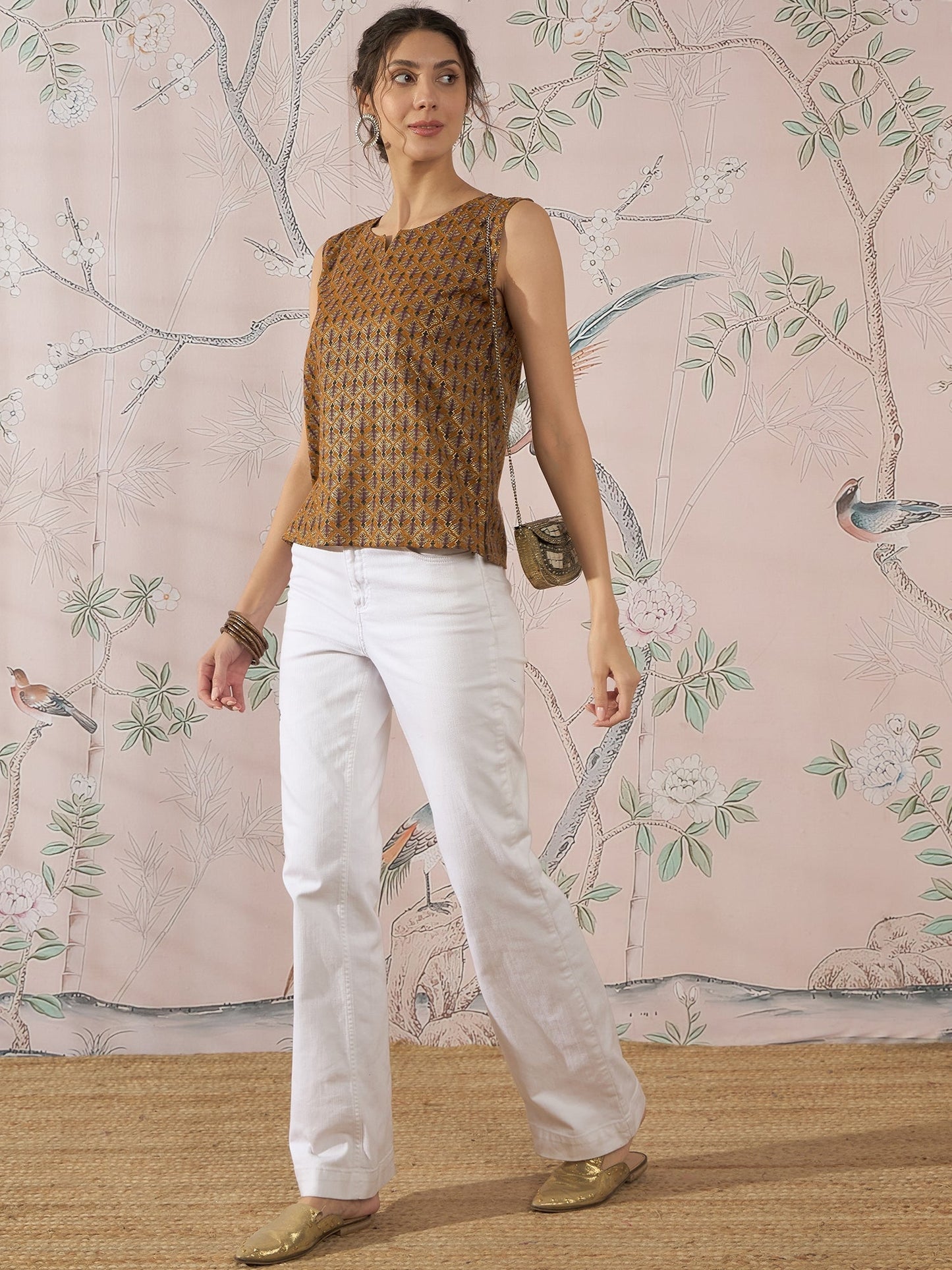 InWeave Mustard Foil Print W/S Top - Swadesiicart
