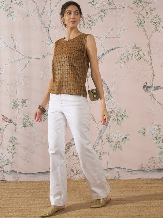 InWeave Mustard Foil Print W/S Top - Swadesiicart