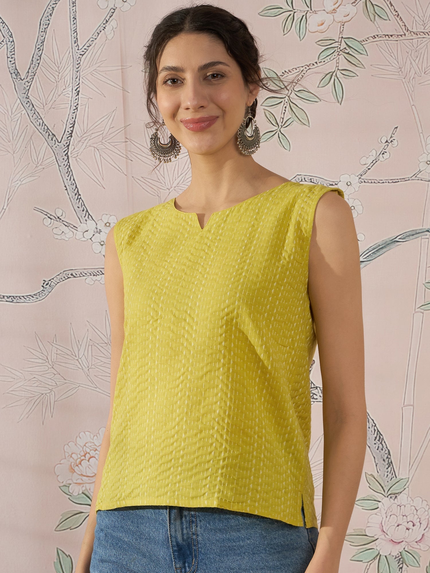 InWeave Light Yellow Kantha W/S Top - Swadesiicart