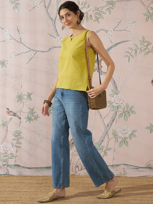 InWeave Light Yellow Kantha W/S Top - Swadesiicart